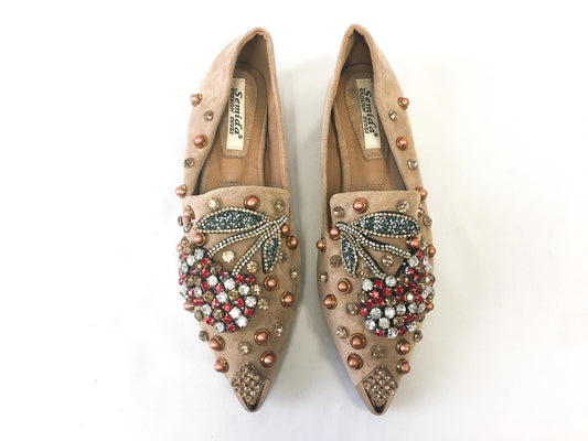 Semida Fashions Tan Suede Bejeweled Cherry Rhinestone Flats, Sz. 38, US Women's 7.5