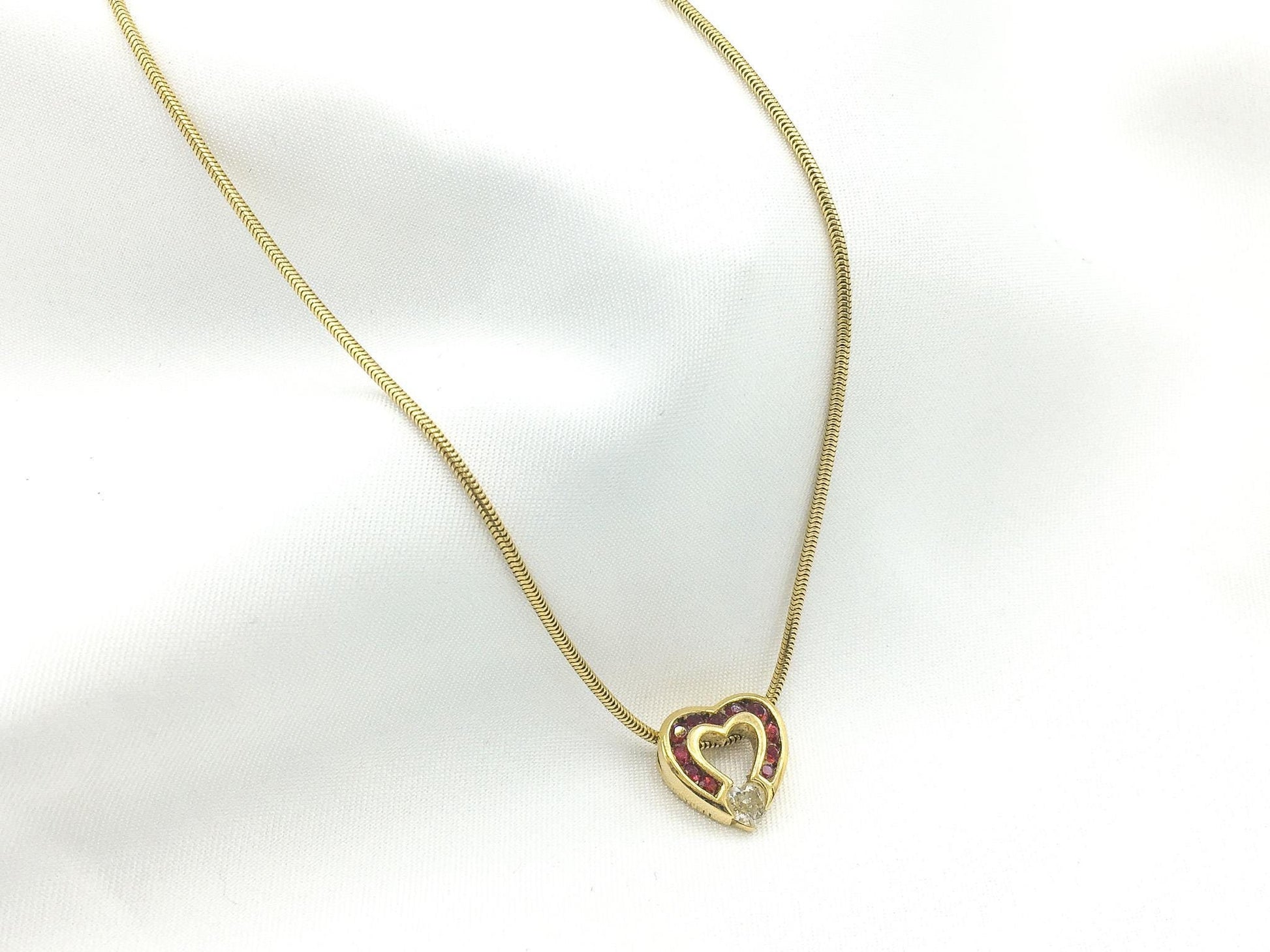 750 18K Gold Charles Krypell Ruby and Diamond Heart Pendant Necklace, 16"