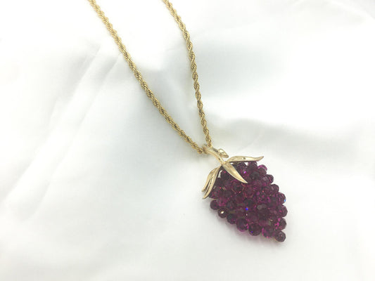 Vintage Trifari Briolette Fuschia Rhinestone Strawberry Necklace, 24" Chain, 2" Pendant