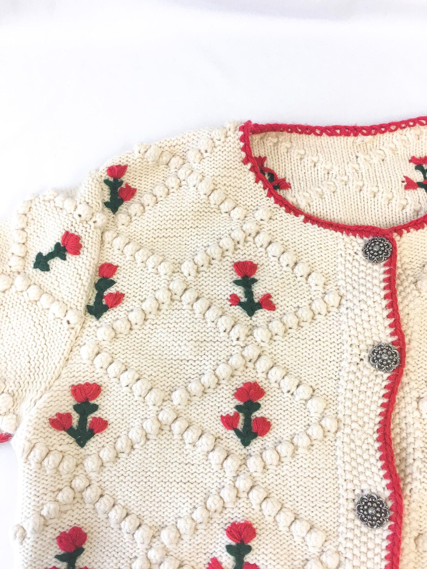 Vintage Cream and Red Floral Patterned Knot Knit Cardigan Sweater, Women's Sz. L