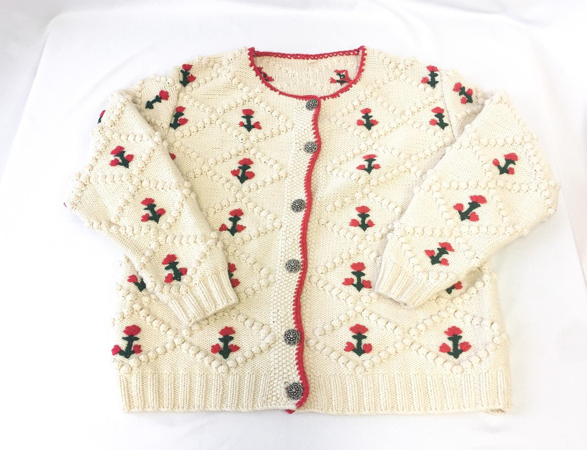 Vintage Cream and Red Floral Patterned Knot Knit Cardigan Sweater, Women's Sz. L