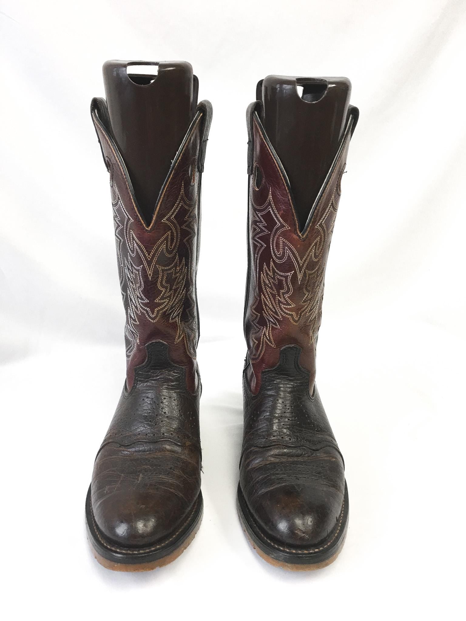 Vintage Double H Two-Toned Brown AG7 Buckaroo Leather Cowboy Boots, Men's Sz. 9D, Vintage Western Boots