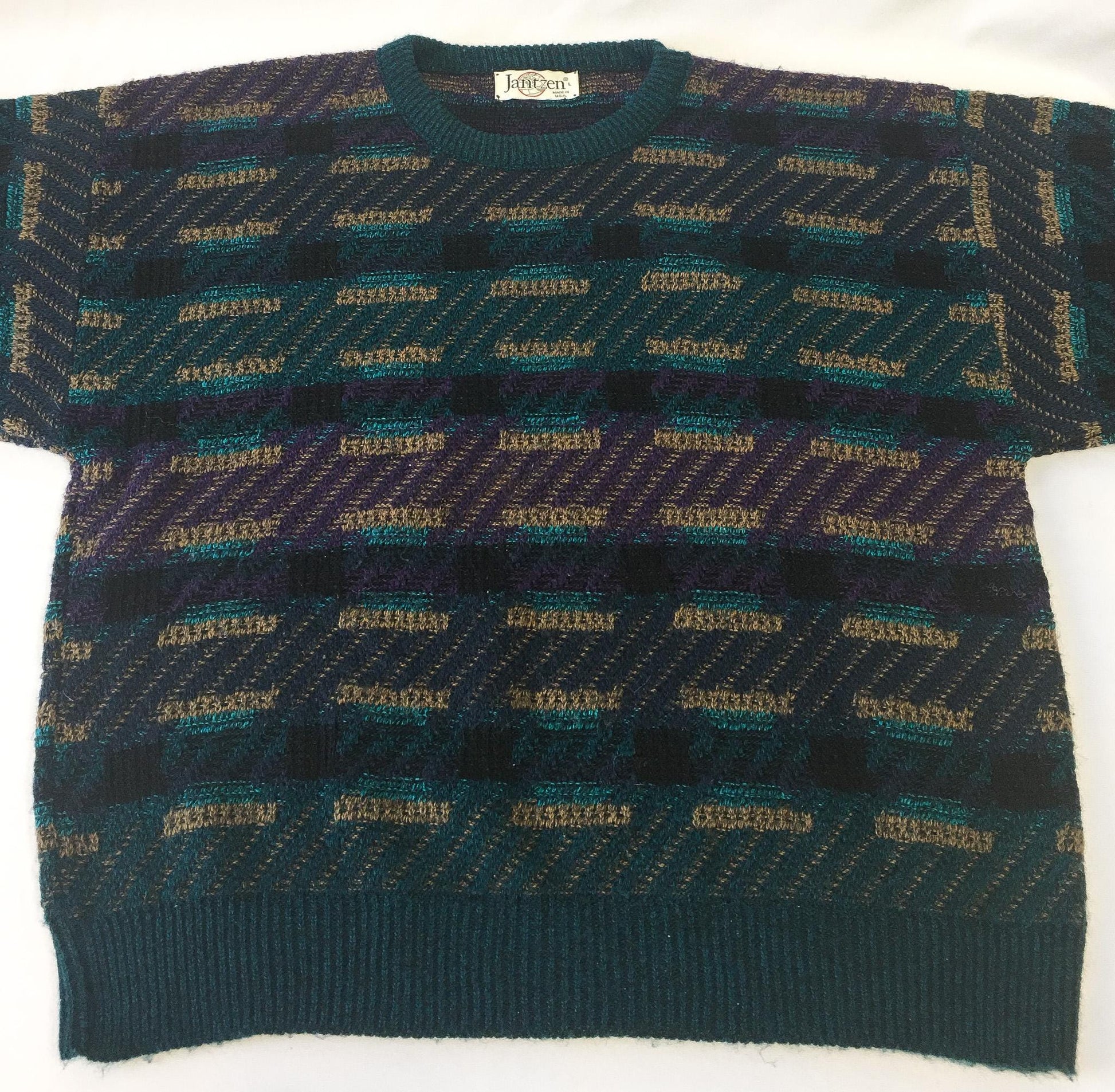 Vintage 90s Jantzen Green and Purple Abstract Geometric Print Sweater, Sz. L, Vintage Grandpa Sweater