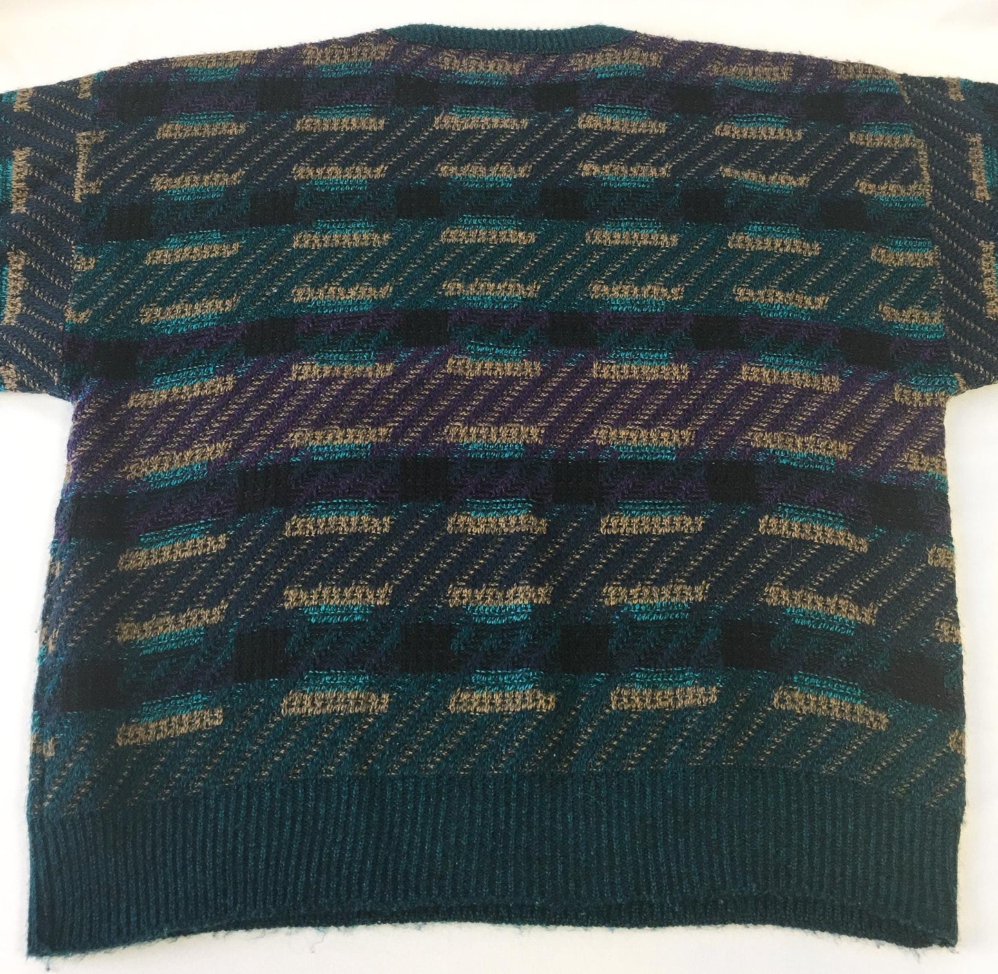 Vintage 90s Jantzen Green and Purple Abstract Geometric Print Sweater, Sz. L, Vintage Grandpa Sweater