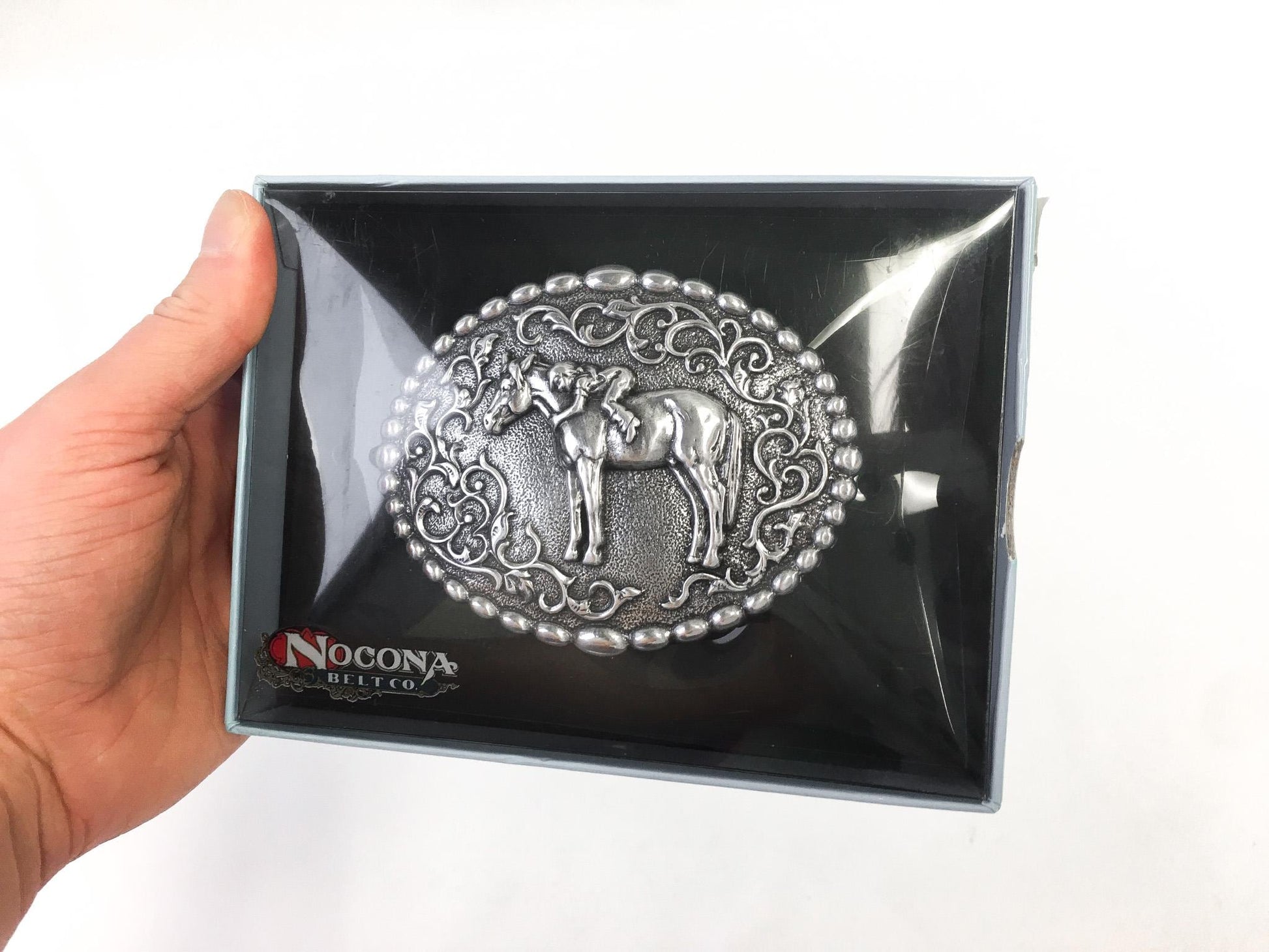 Vintage Nocona New in Box Youth "First Love" Silver Toned Horse Child Belt Buckle, Vintage Western Belt Buckle