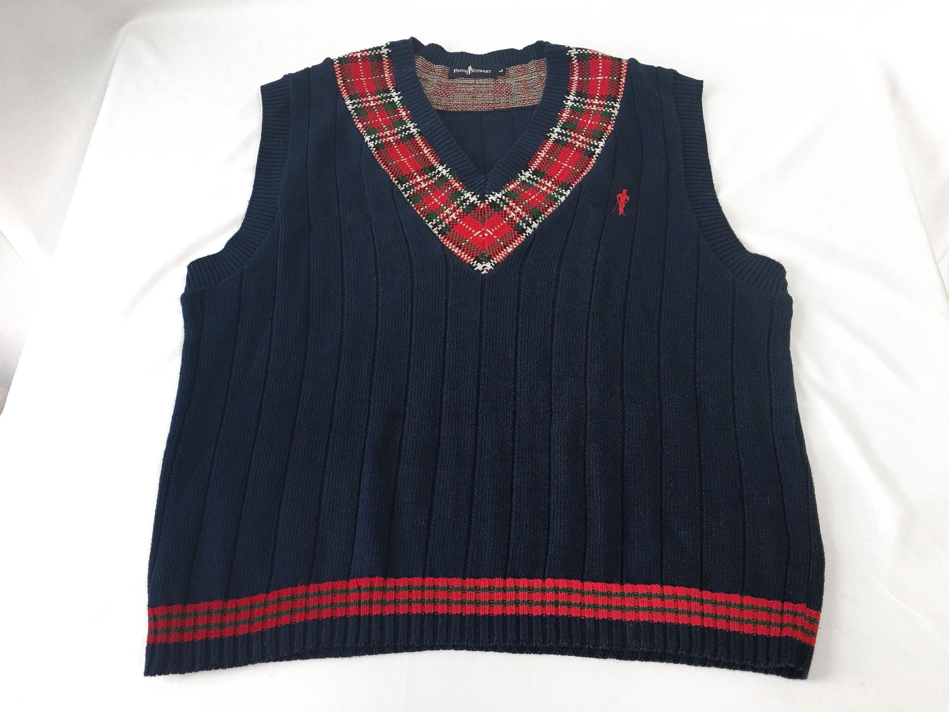 Vintage Payne Stewart Navy and Red Plaid Golfer Sweater Vest, Men's Sz. L