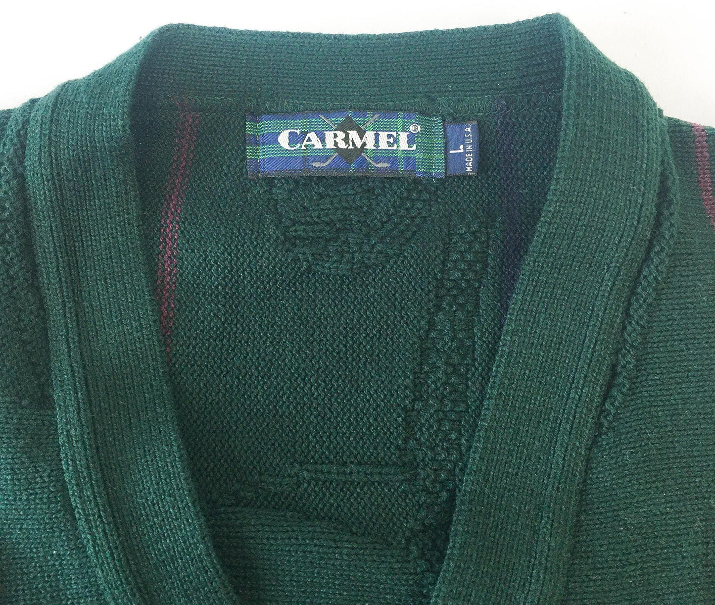 Vintage 90s Carmel Forest Green Golf Club Knit Detail Striped Button Cardigan Sweater Vest, Men's Sz. L