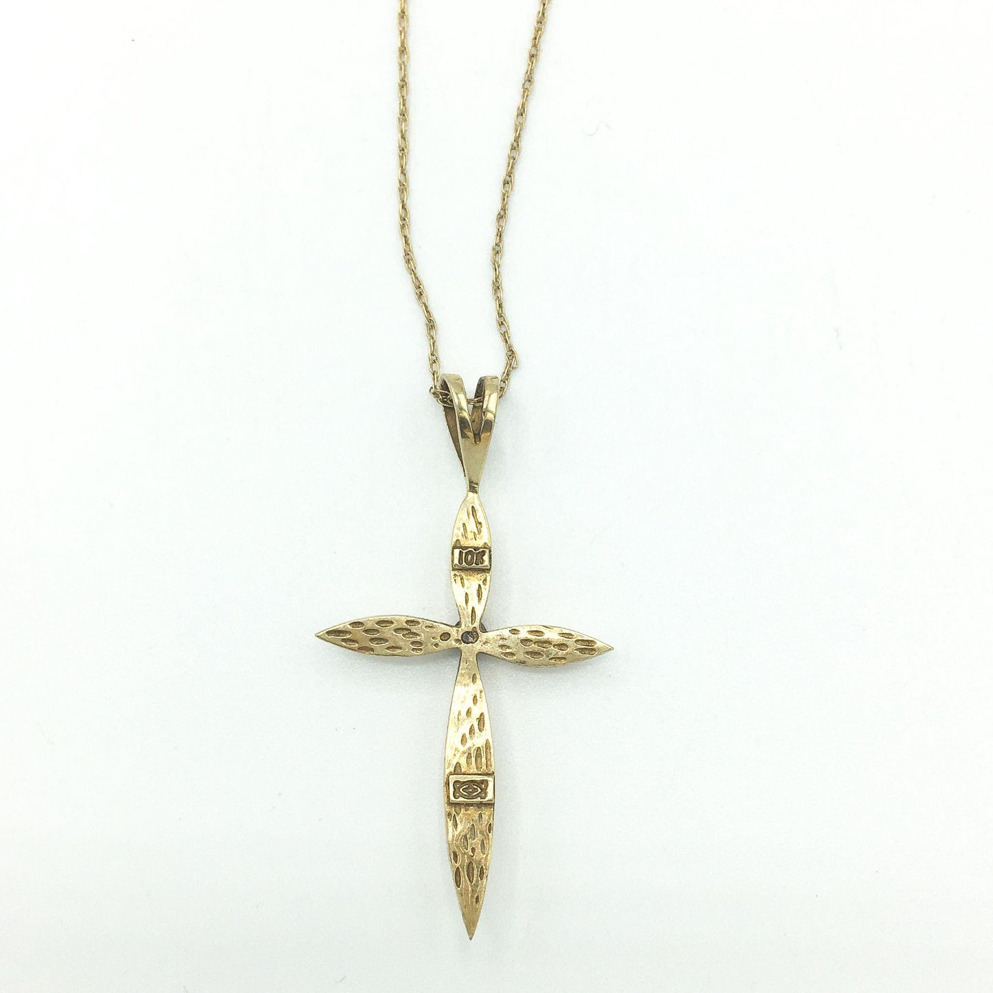 Vintage 10K Yellow Gold Cross with White Sapphire Necklace, 19", .5mm, Simple Cross Christian Necklace