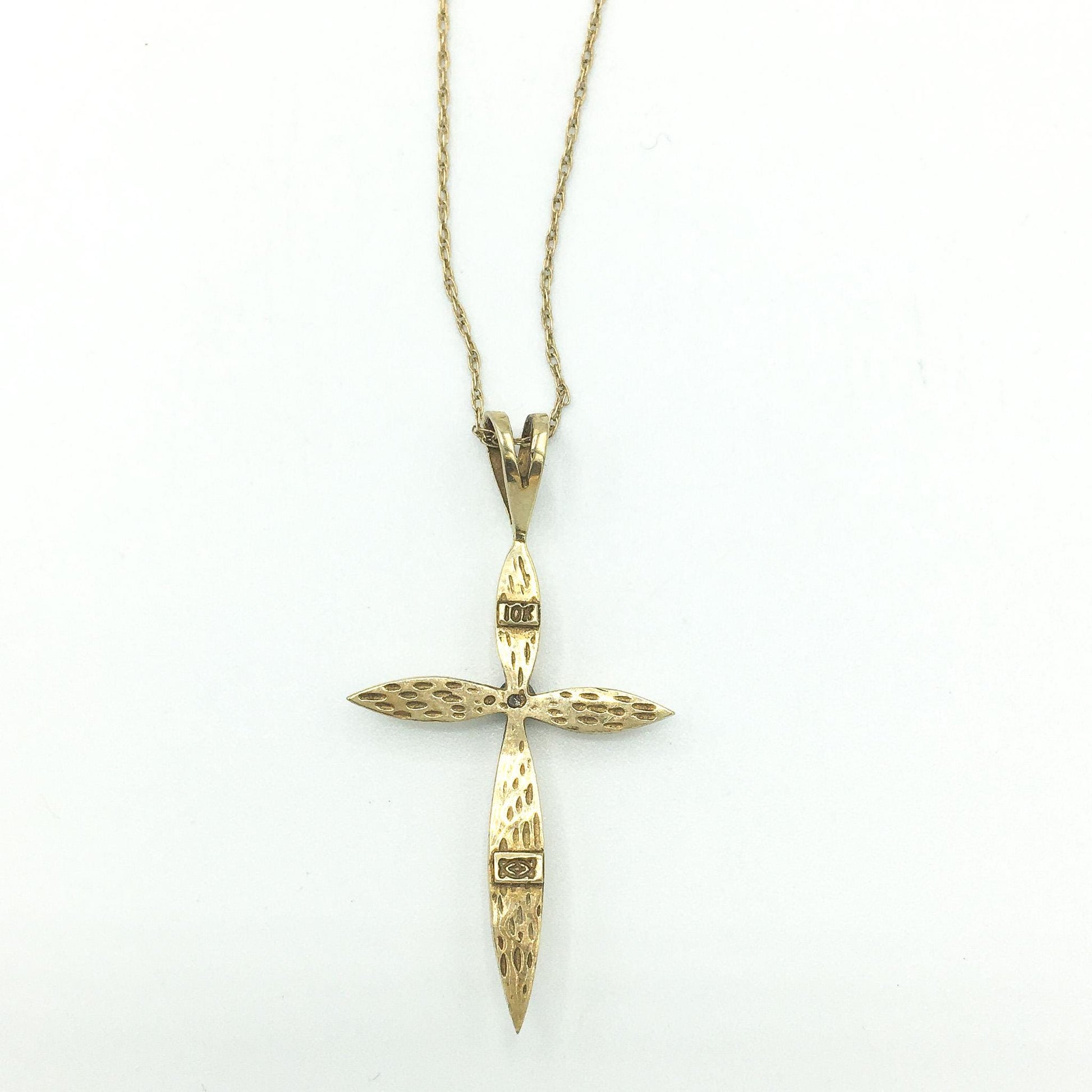 Vintage 10K Yellow Gold Cross with White Sapphire Necklace, 19", .5mm, Simple Cross Christian Necklace