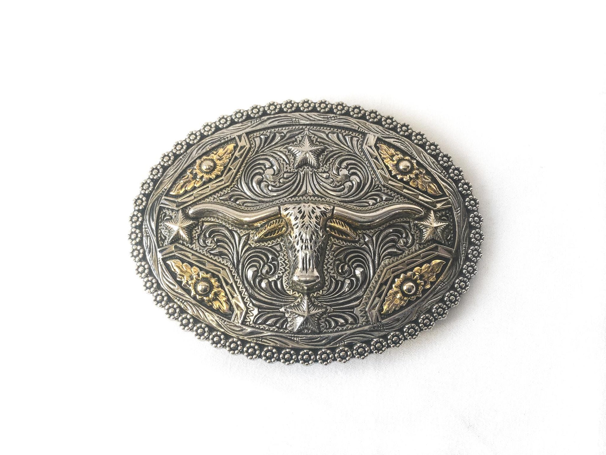 Vintage Silver and Gold Toned Ox Star Engraved Belt Buckle, Vintage Western Belt Buckle