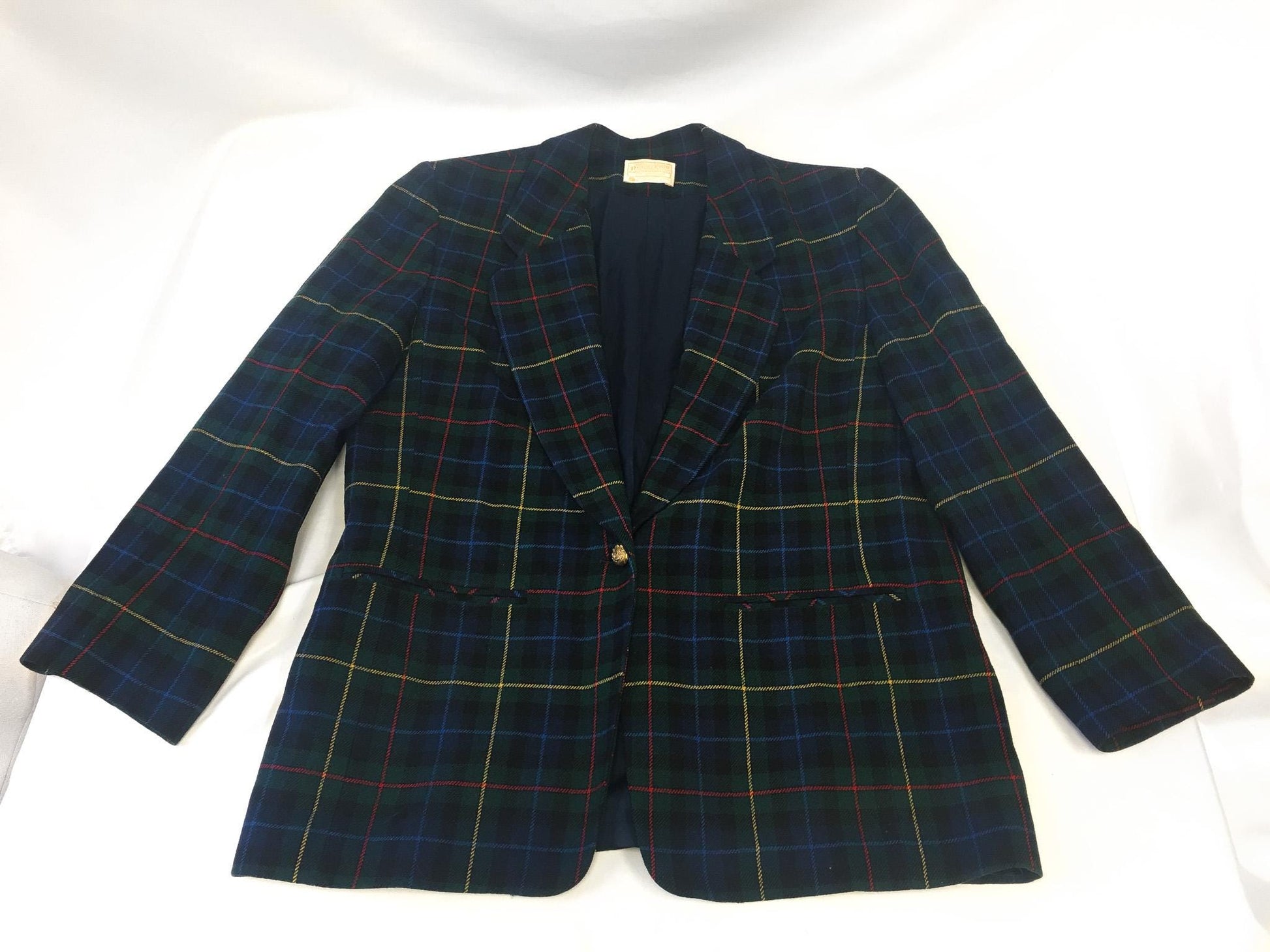 Vintage 80s Pendleton Navy Plaid Tartan Print Wool Blazer, Women's Sz. Vintage 16