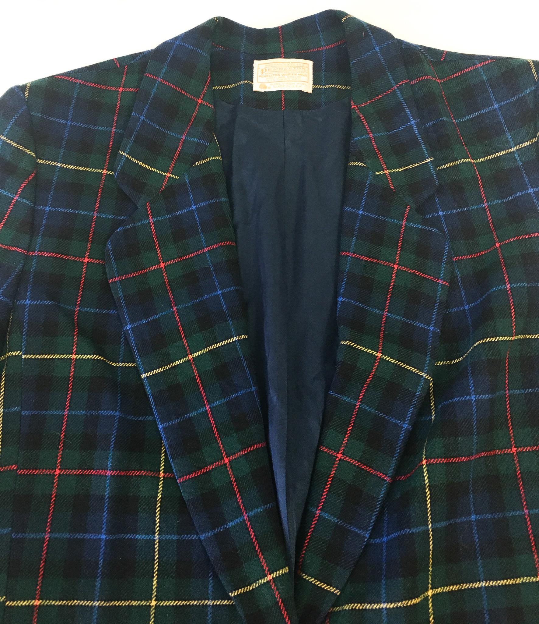 Vintage 80s Pendleton Navy Plaid Tartan Print Wool Blazer, Women's Sz. Vintage 16