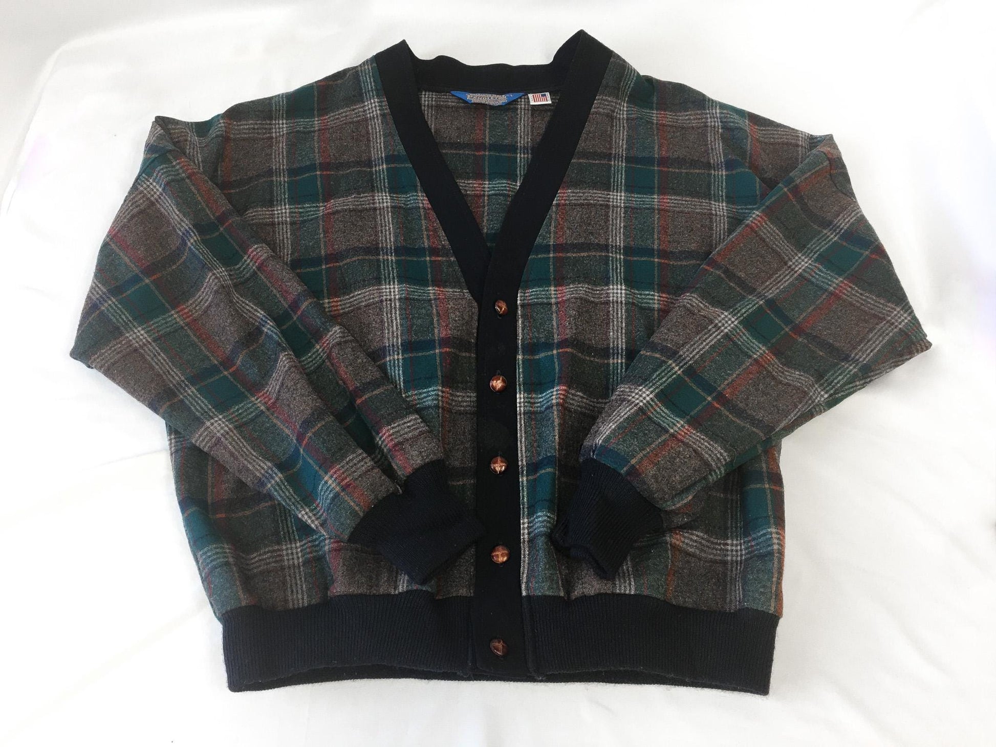 Vintage 60s Pendleton Navy and Brown Plaid Tartan Print Wool Cardigan Sweater, Approx. Men's Sz. M/L