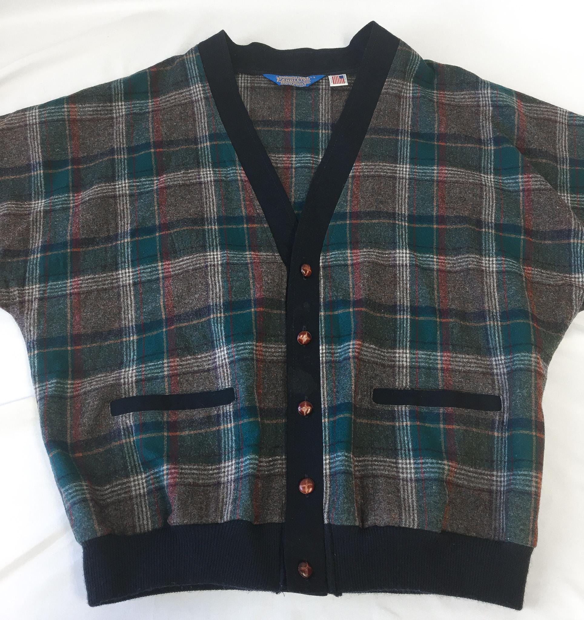 Vintage 60s Pendleton Navy and Brown Plaid Tartan Print Wool Cardigan Sweater, Approx. Men's Sz. M/L