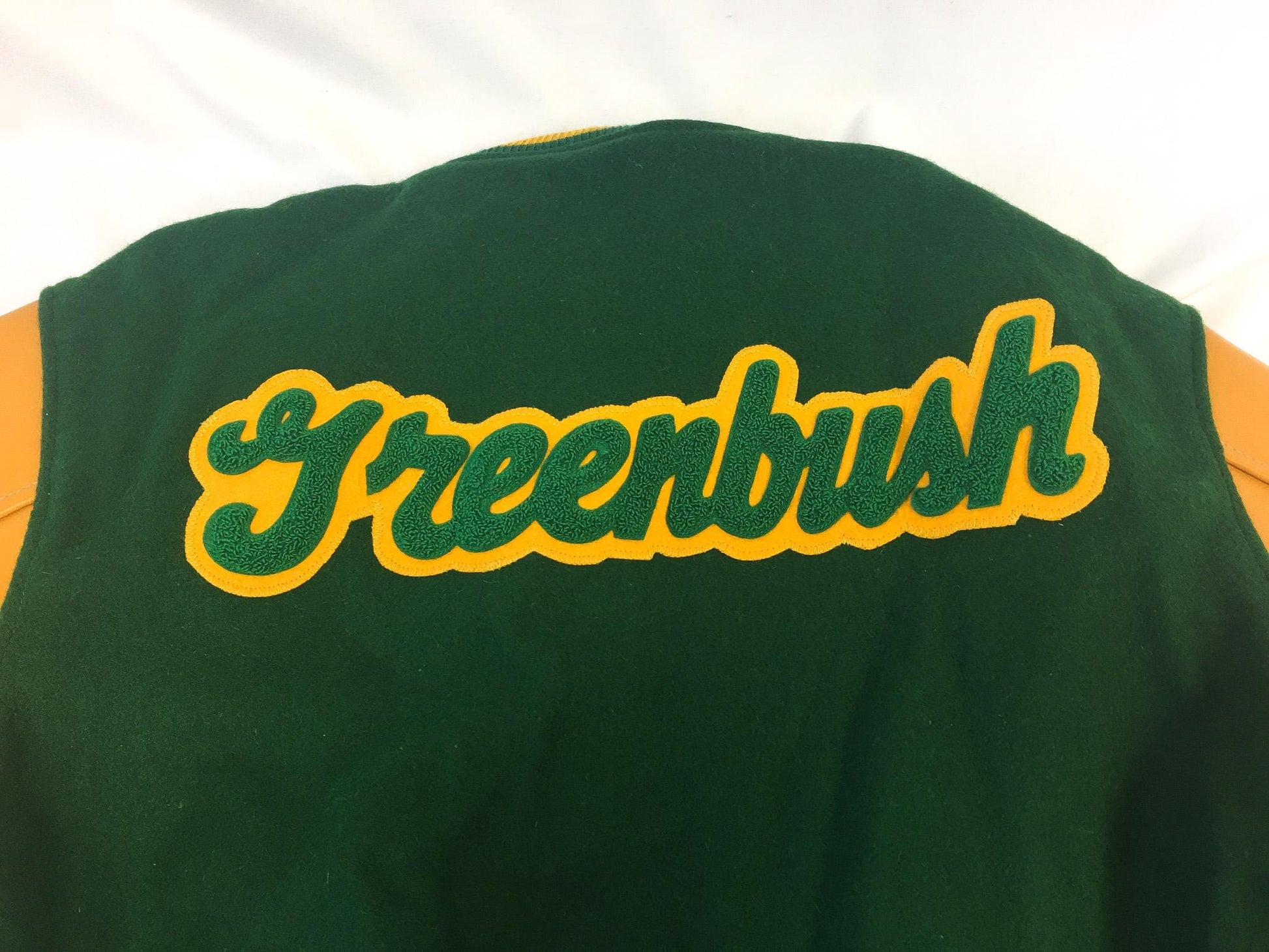 Vintage 80s Butwin Green and Yellow "Kim" "Greenbush" High School Wool Leather Lettermen's Jacket, Sz. 42