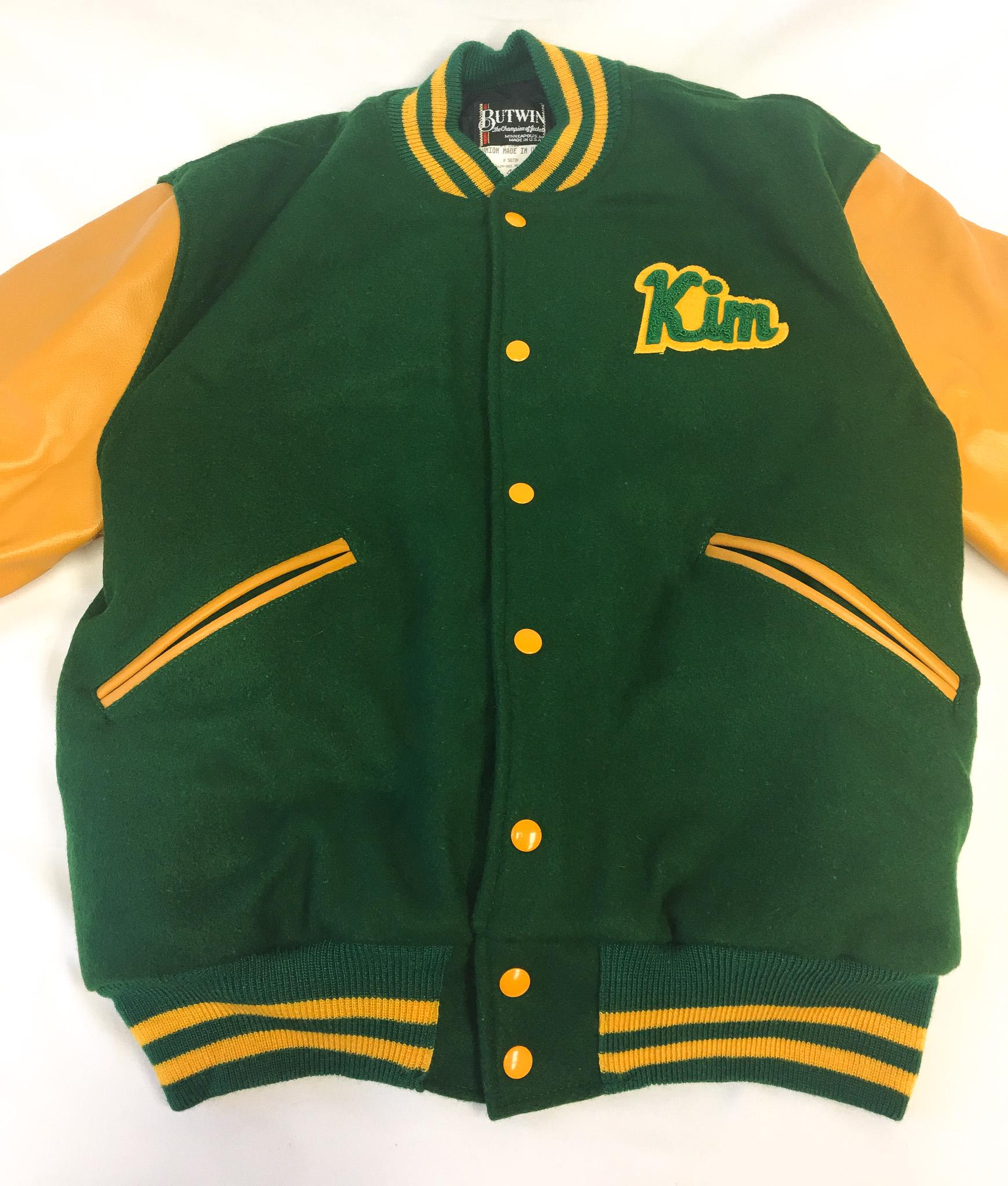 Vintage 80s Butwin Green and Yellow "Kim" "Greenbush" High School Wool Leather Lettermen's Jacket, Sz. 42