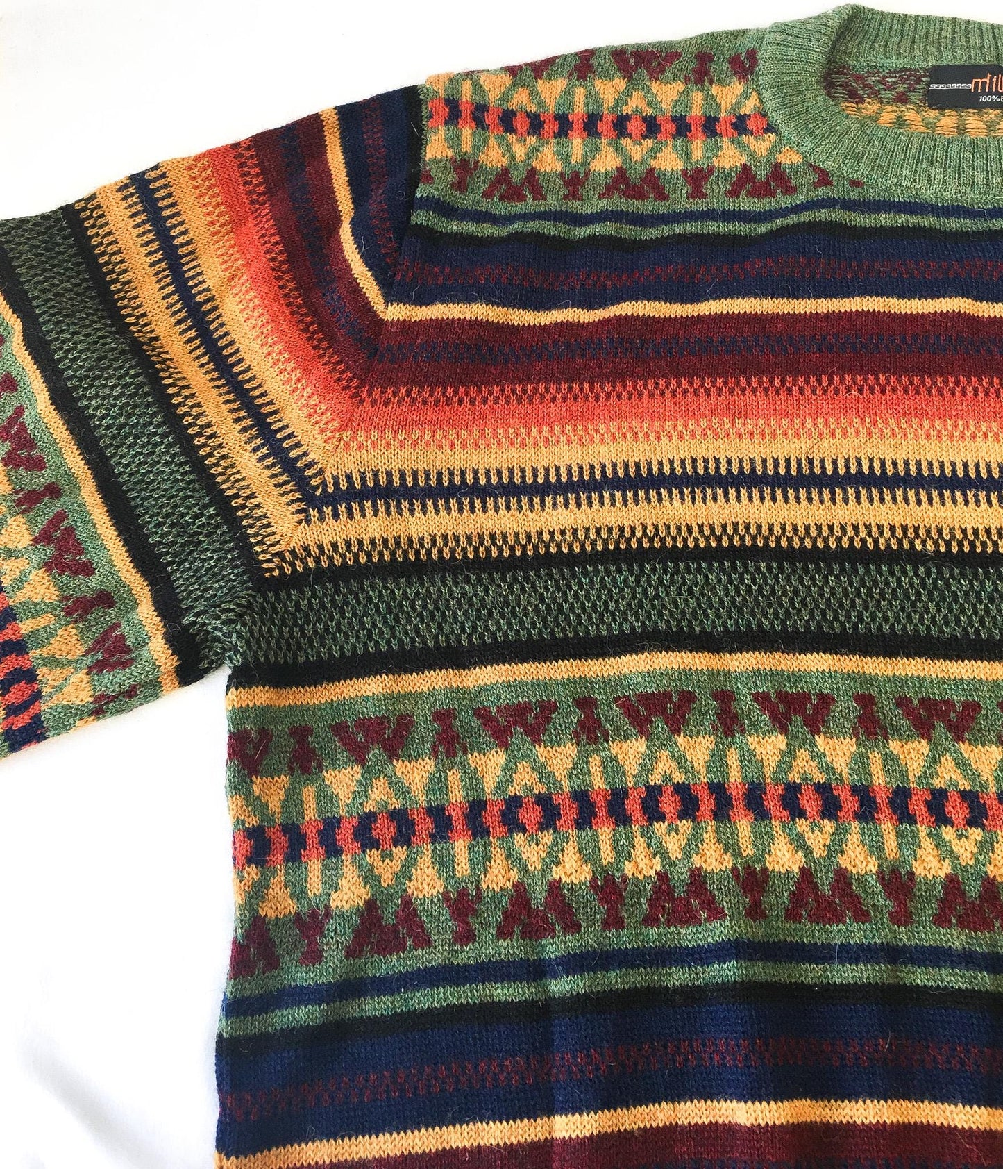 NWT Millmas Alpaca Wool Green Multicolor Abstract Geometric Print Sweater, Men's Sz. XL, Vintage Grandpa Sweater