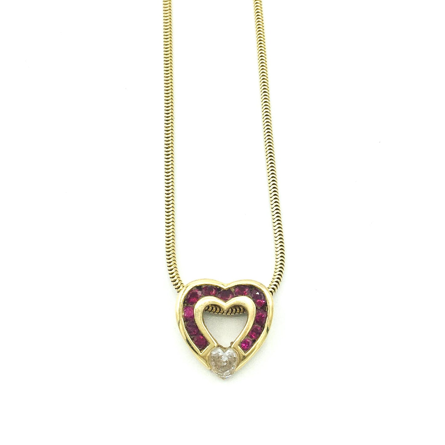 750 18K Gold Charles Krypell Ruby and Diamond Heart Pendant Necklace, 16"