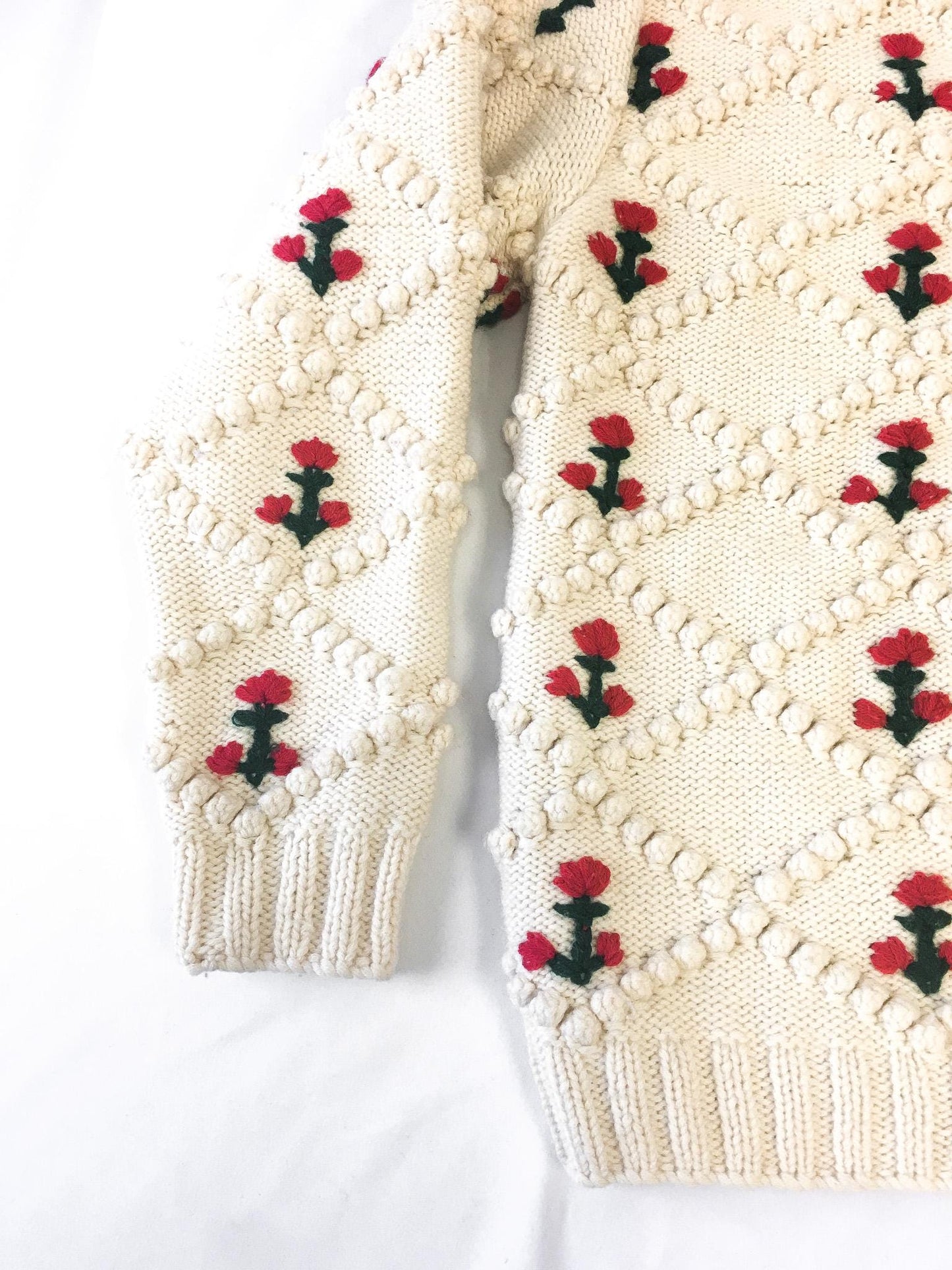 Vintage Cream and Red Floral Patterned Knot Knit Cardigan Sweater, Women's Sz. L