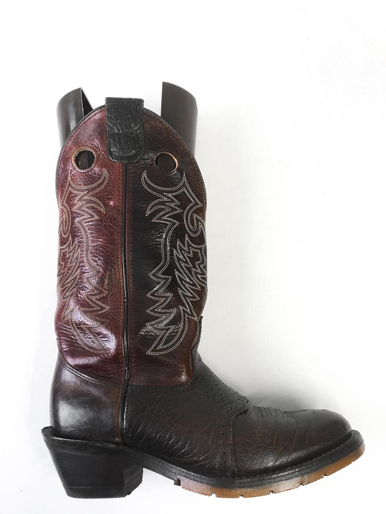 Vintage Double H Two-Toned Brown AG7 Buckaroo Leather Cowboy Boots, Men's Sz. 9D, Vintage Western Boots