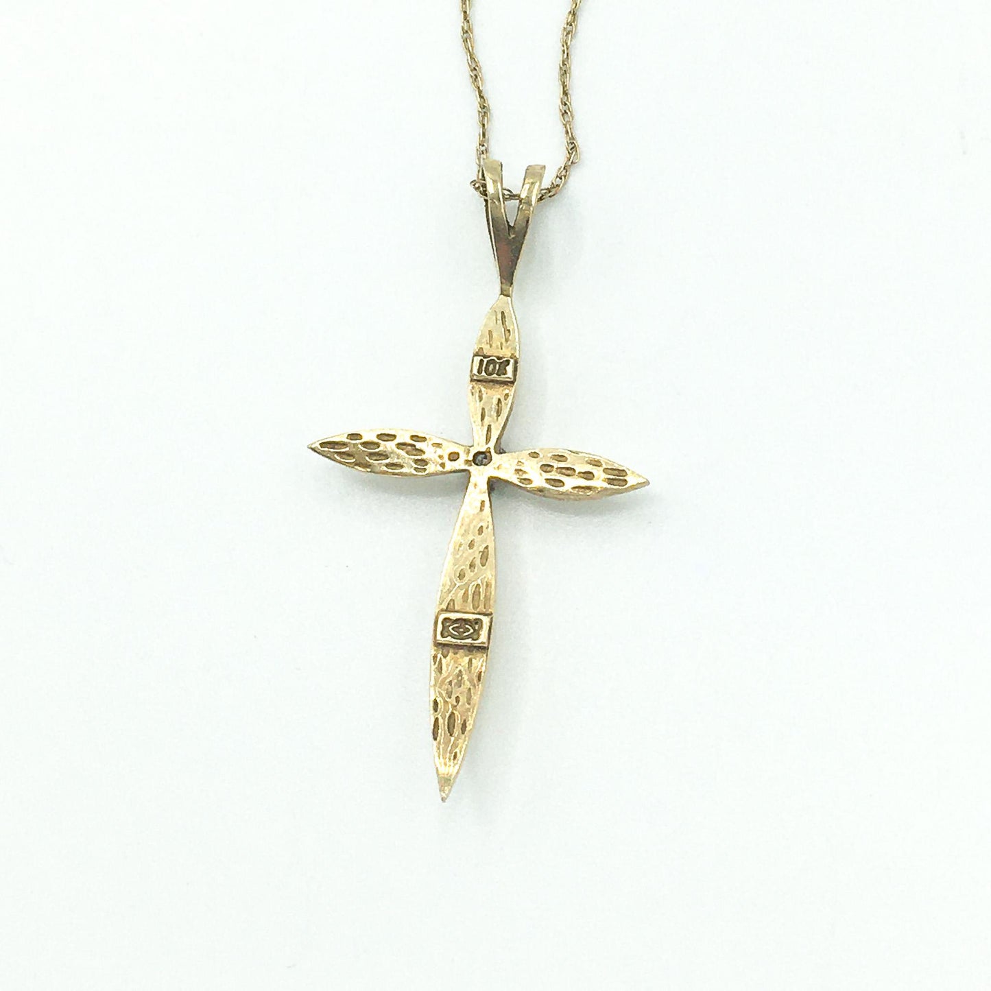 Vintage 10K Yellow Gold Cross with White Sapphire Necklace, 19", .5mm, Simple Cross Christian Necklace