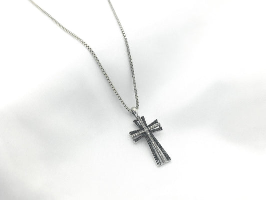 Vintage 10K Diamond and Marcasite Cross Pendant on 16" 925 Heng Ngai KA1772 Italy Box Chain, Simple Cross Necklace