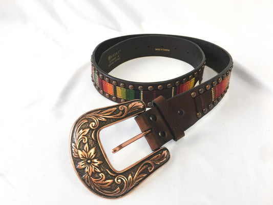 NWT Ariat Serape Copper Rainbow Woven Leather Studded Belt, Women's Sz. M, Vintage Western Belt