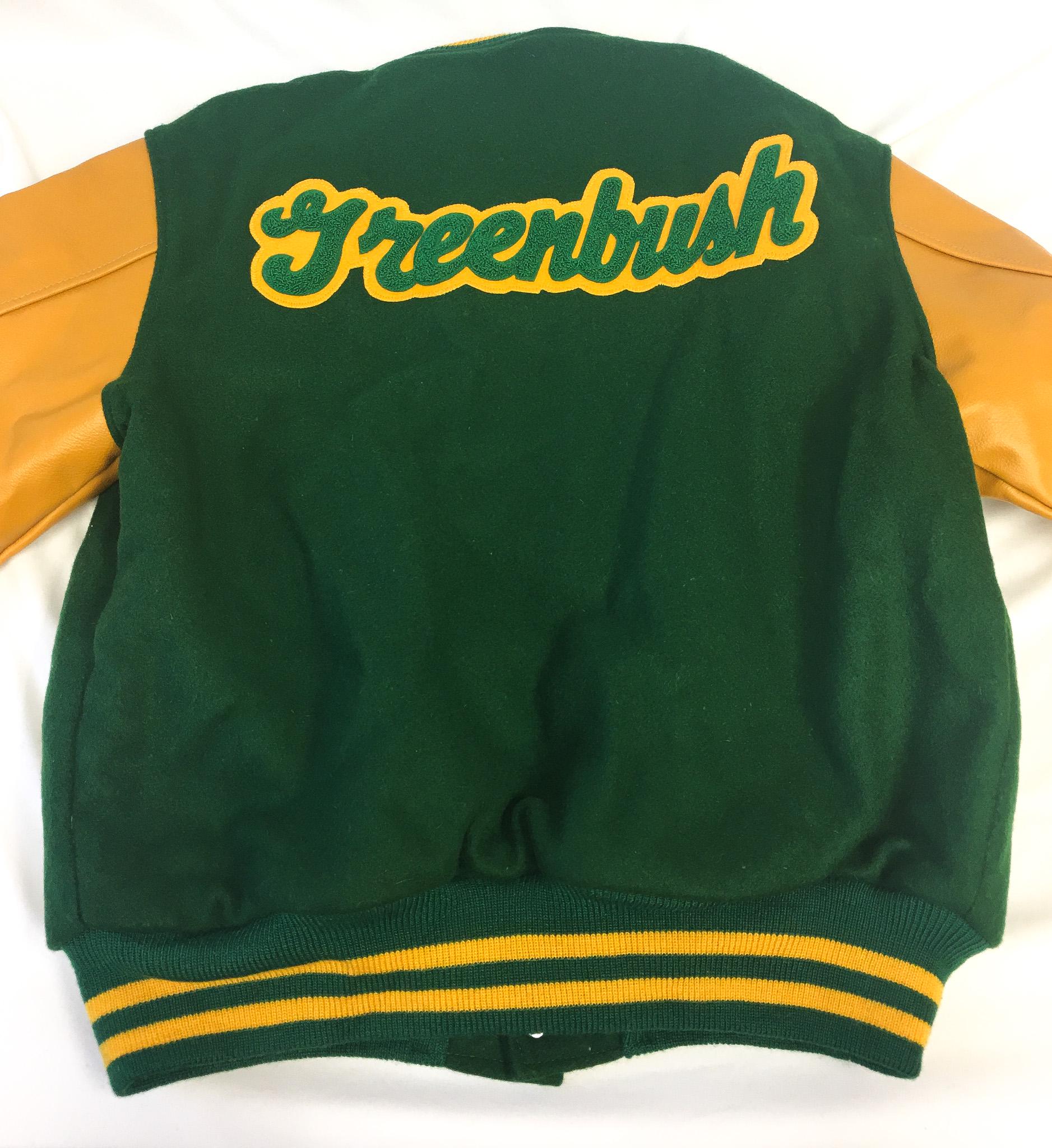 Vintage 80s Butwin Green and Yellow "Kim" "Greenbush" High School Wool Leather Lettermen's Jacket, Sz. 42