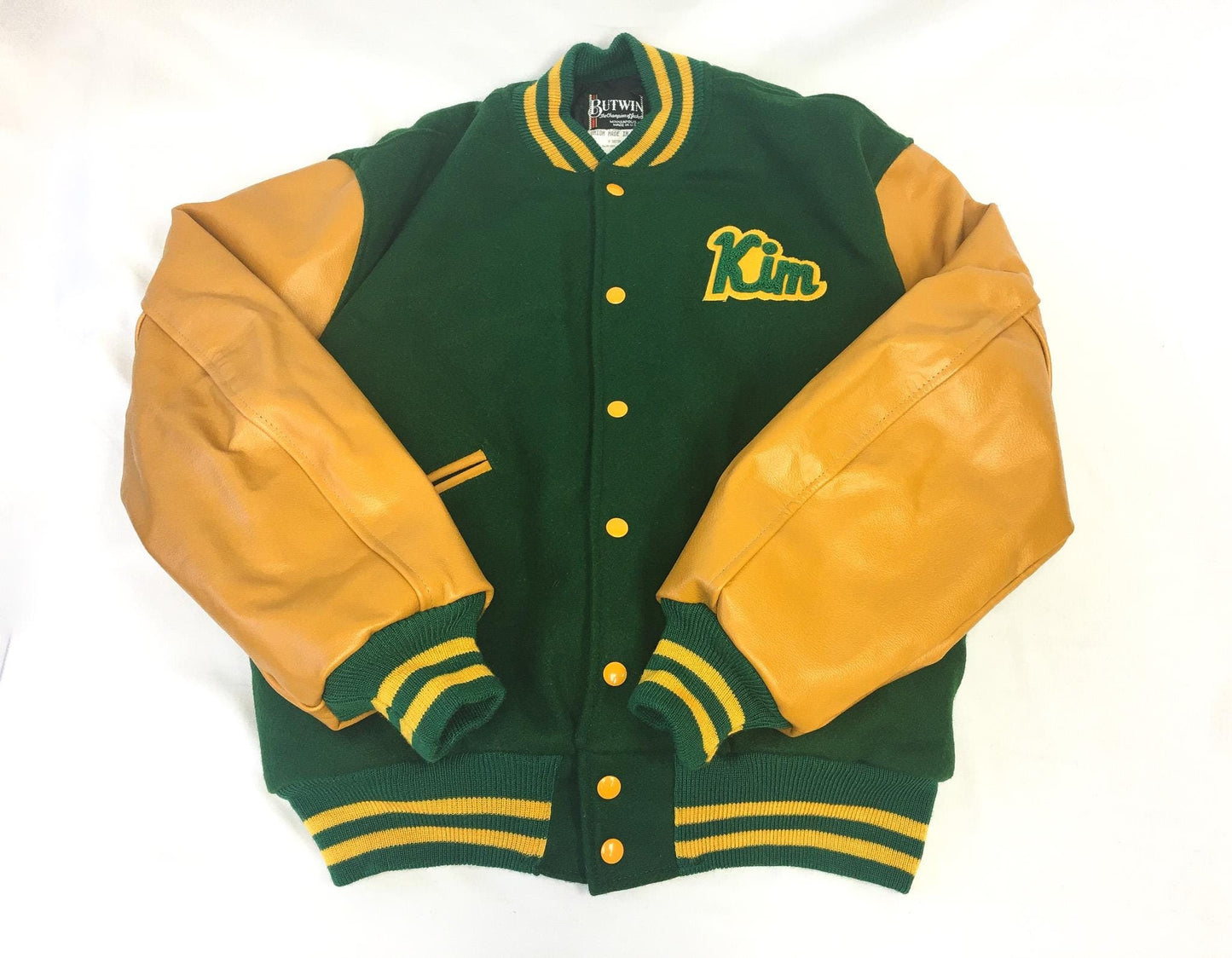 Vintage 80s Butwin Green and Yellow "Kim" "Greenbush" High School Wool Leather Lettermen's Jacket, Sz. 42