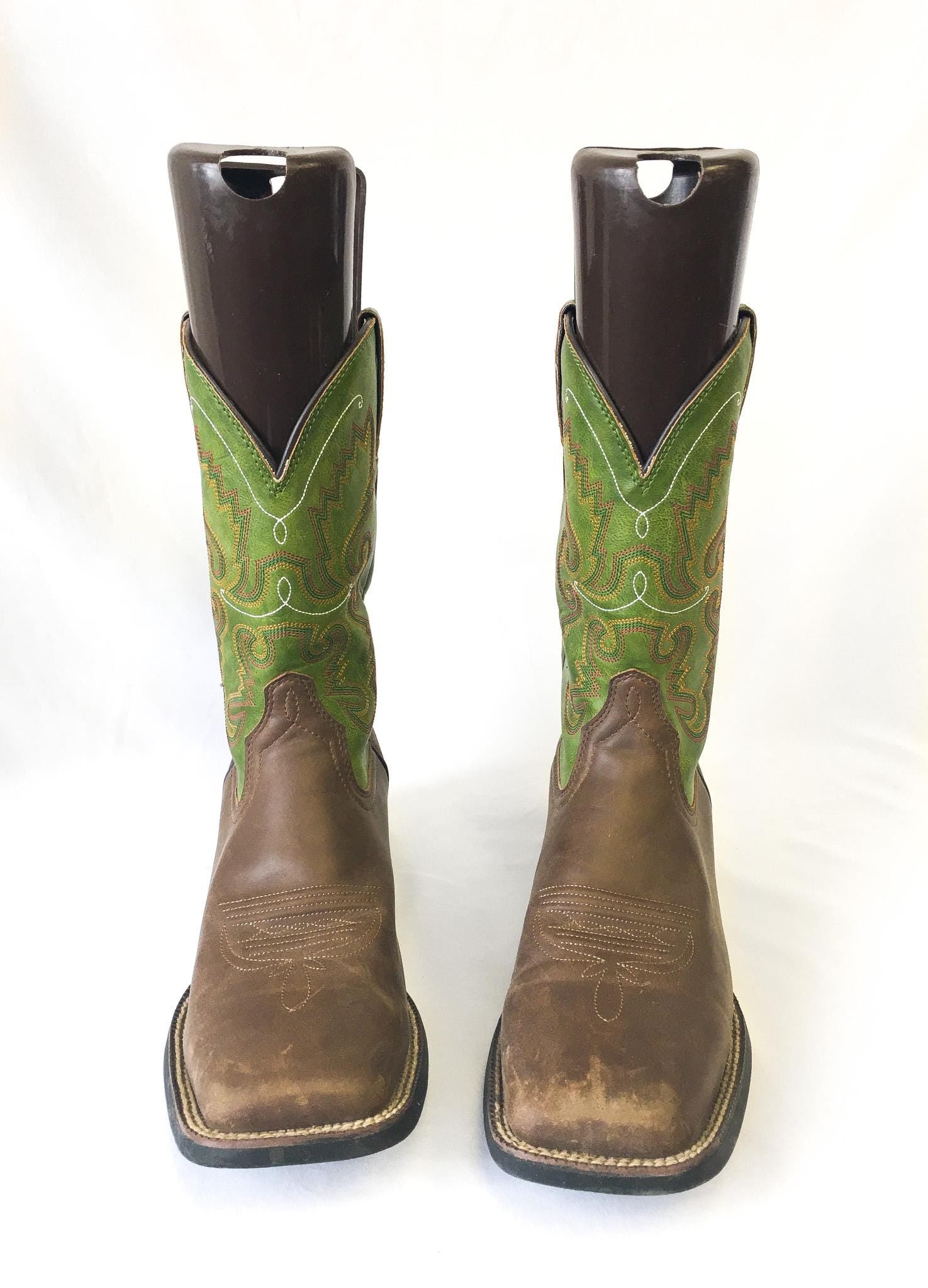 Vintage Inspired Justin Hinton Green Brown Cowboy Boots, Men's Sz. 10.5EE, Style #JB1117, Vintage Western Boots