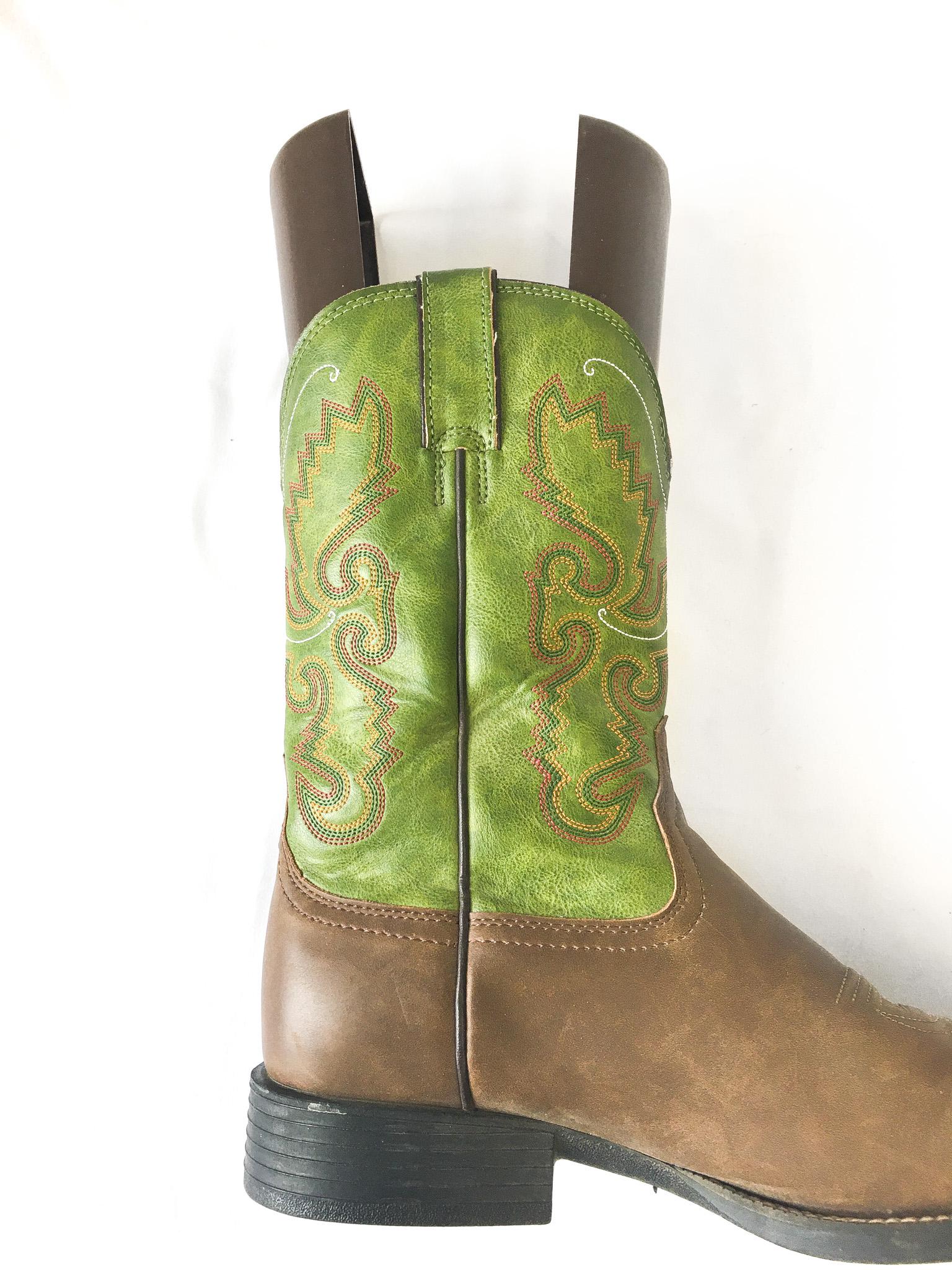 Vintage Inspired Justin Hinton Green Brown Cowboy Boots, Men's Sz. 10.5EE, Style #JB1117, Vintage Western Boots