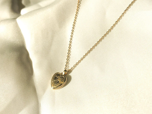 14K Gold Filled Mini Heart Engraved Locket with 16" Two Pearl Clasp Chain, Simple Dainty Locket Necklace