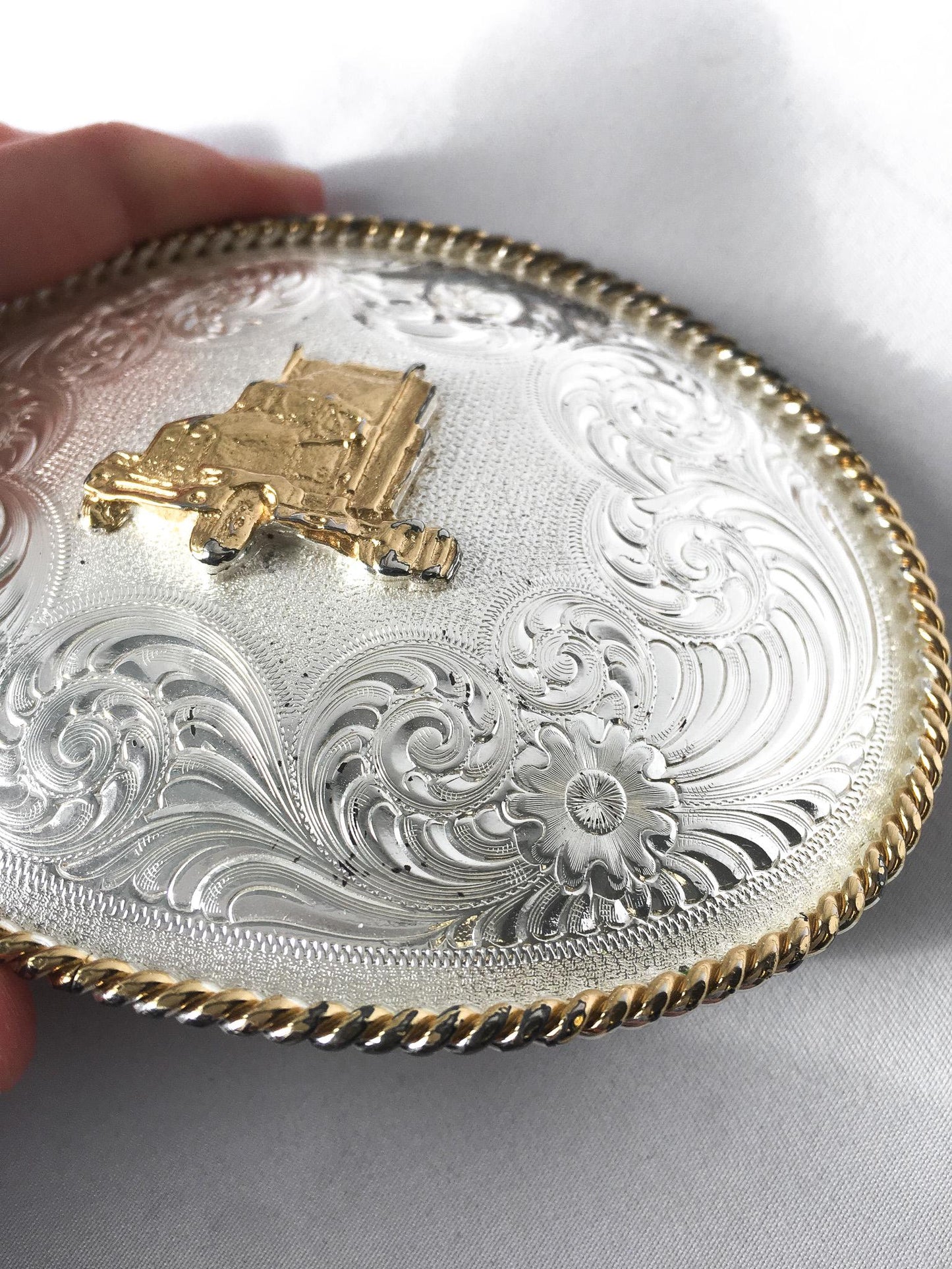 Vintage Montana Silversmiths Gold Silver Tractor Belt Buckle, Vintage Western Belt Buckle