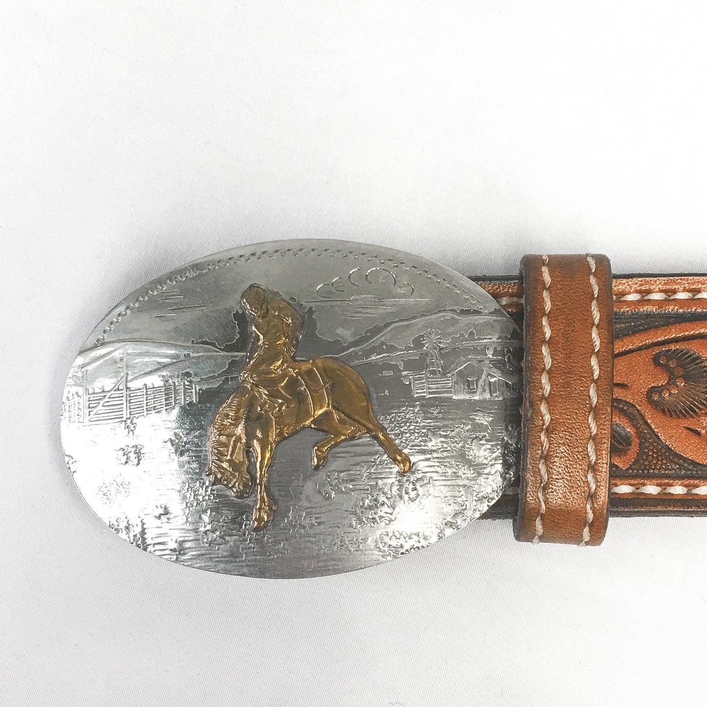 Vintage Comstock Horse Rider German Silver Belt with Tooled Engraved Leather Band, Sz. 36