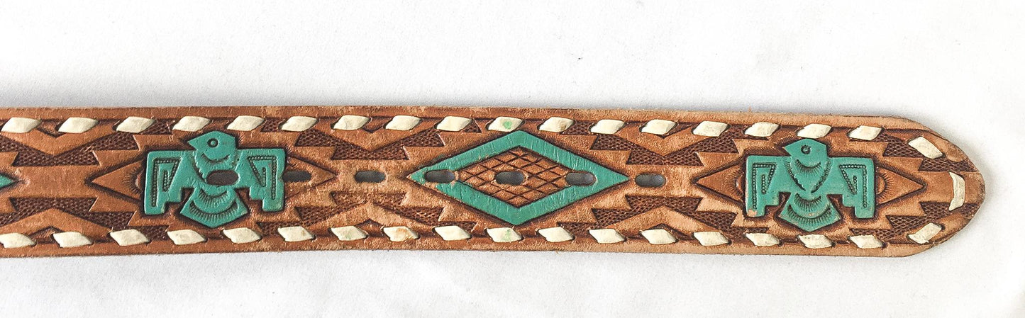 Vintage 80s Dukes of Hazzard "Coy Duke" Remake Faux Turquoise Nickel Silver Belt Buckle with Chambers Tooled Native Symbols Band, Sz. 40