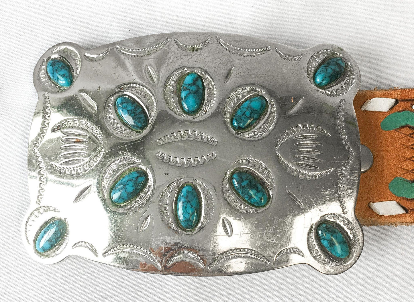 Vintage 80s Dukes of Hazzard "Coy Duke" Remake Faux Turquoise Nickel Silver Belt Buckle with Chambers Tooled Native Symbols Band, Sz. 40