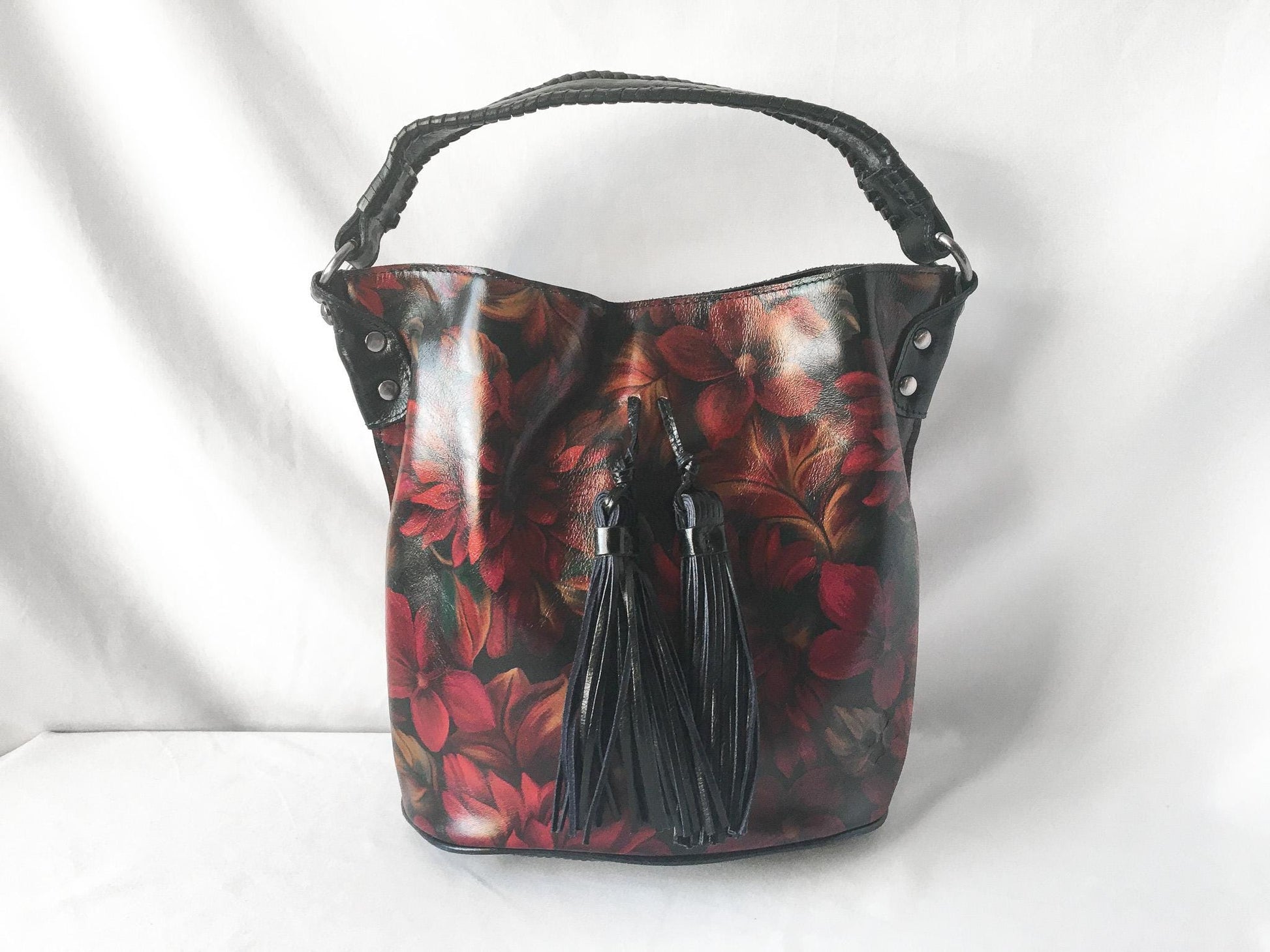 Vintage Inspired Patricia Nash Octavia Floral Leather Bucket Tote Bag, Missing Crossbody Strap, Vintage Western Handbag