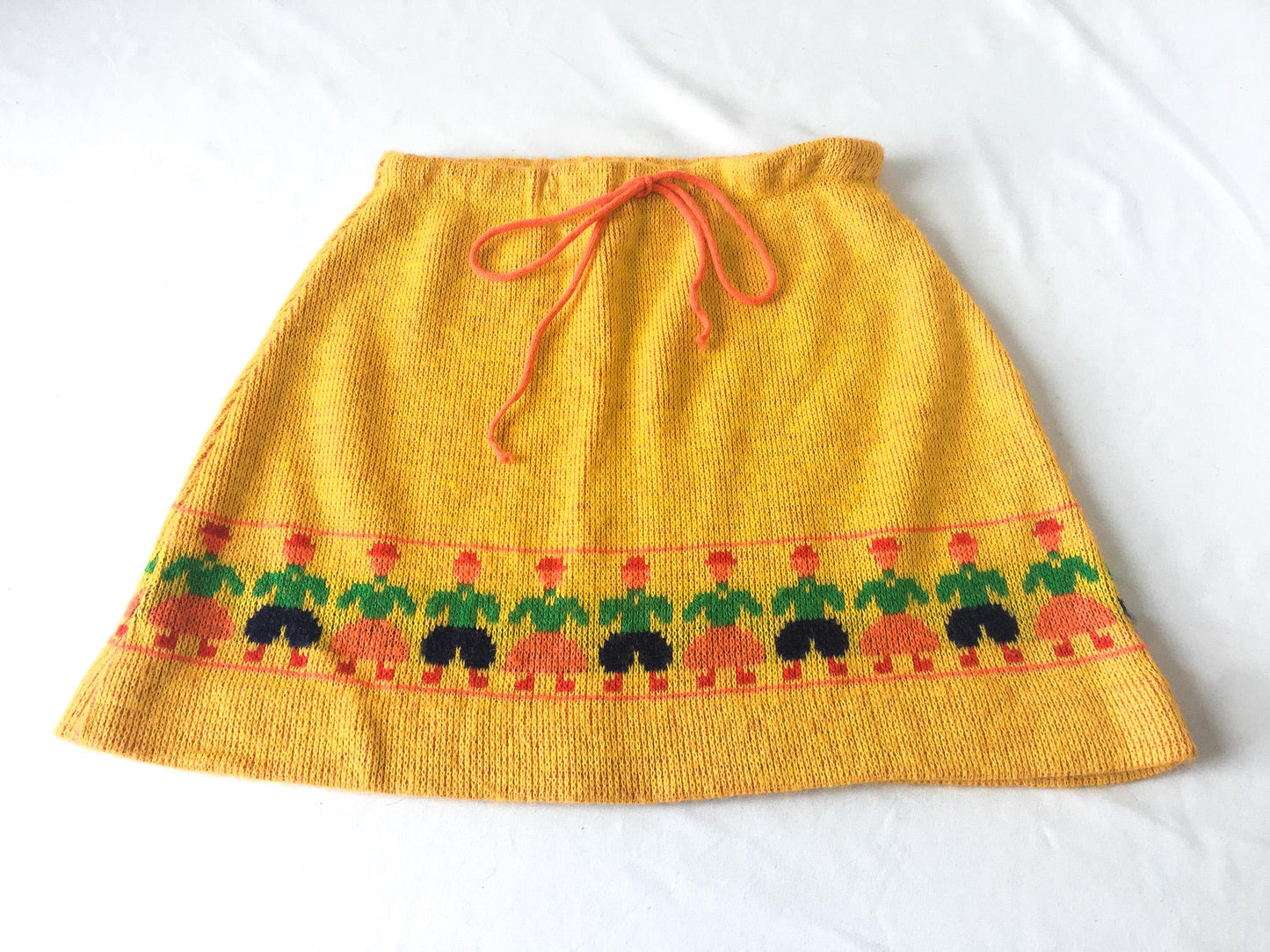 Vintage 70s Love Bug Yellow Child Patterned Tie Front Knit Skirt, 24" Waist