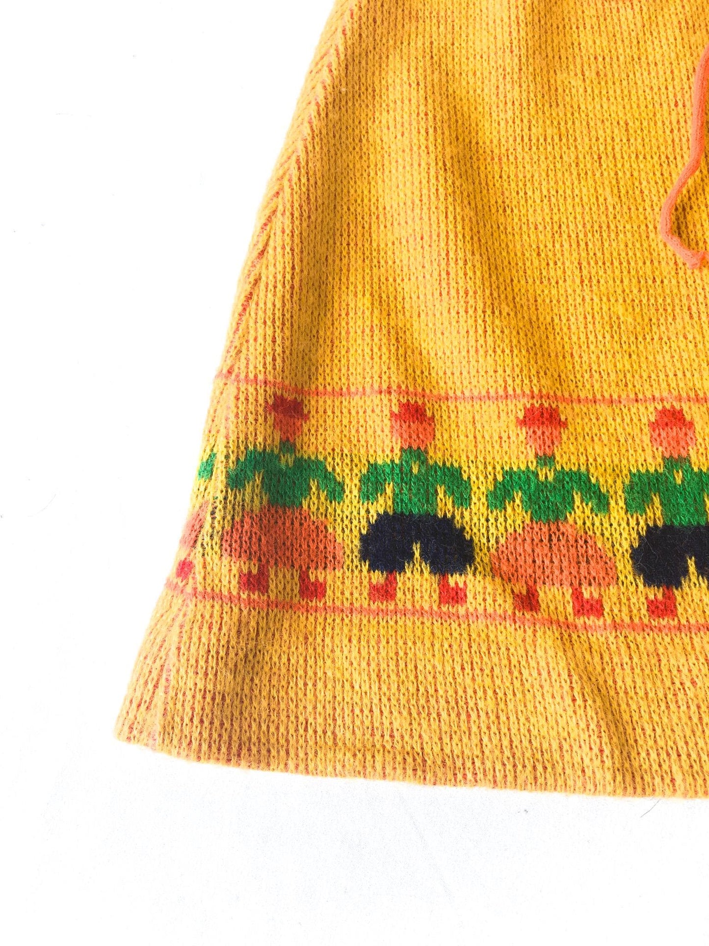 Vintage 70s Love Bug Yellow Child Patterned Tie Front Knit Skirt, 24" Waist