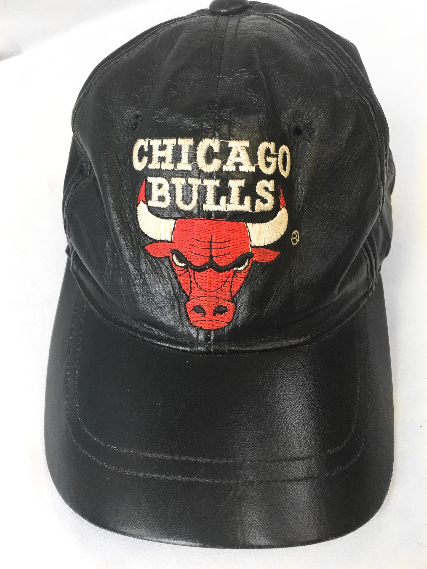 Vintage 90s Chicago Bulls Black Leather NBA Leathers Embroidered Logo Baseball Cap, Vintage Bulls NBA Streetwear Apparel