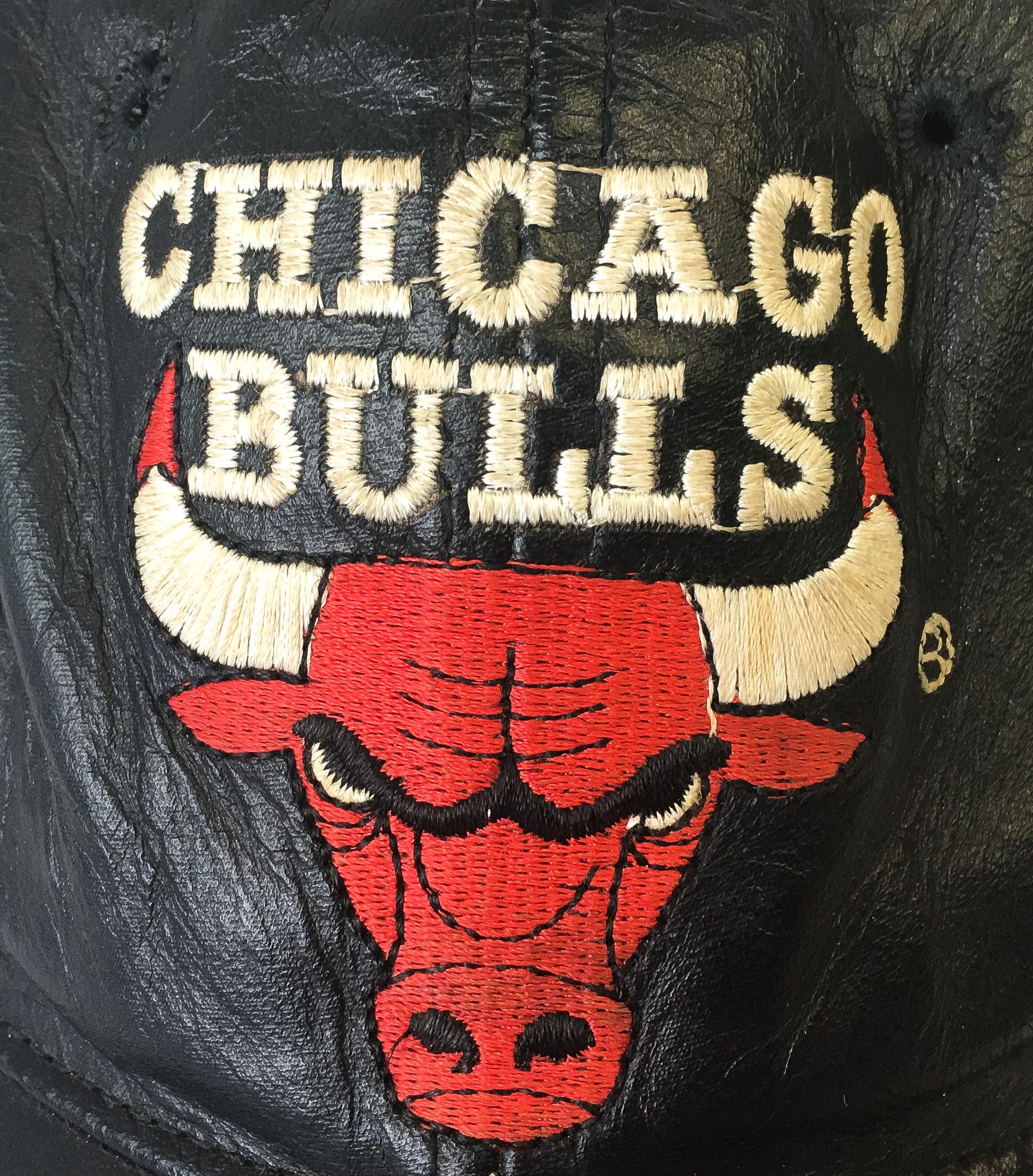 Vintage 90s Chicago Bulls Black Leather NBA Leathers Embroidered Logo Baseball Cap, Vintage Bulls NBA Streetwear Apparel