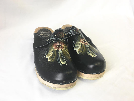 Vintage Dala-Clogs Black Floral Painted Leather Wooden Clogs, Sz. 42, Approx. US Women's Sz. 10