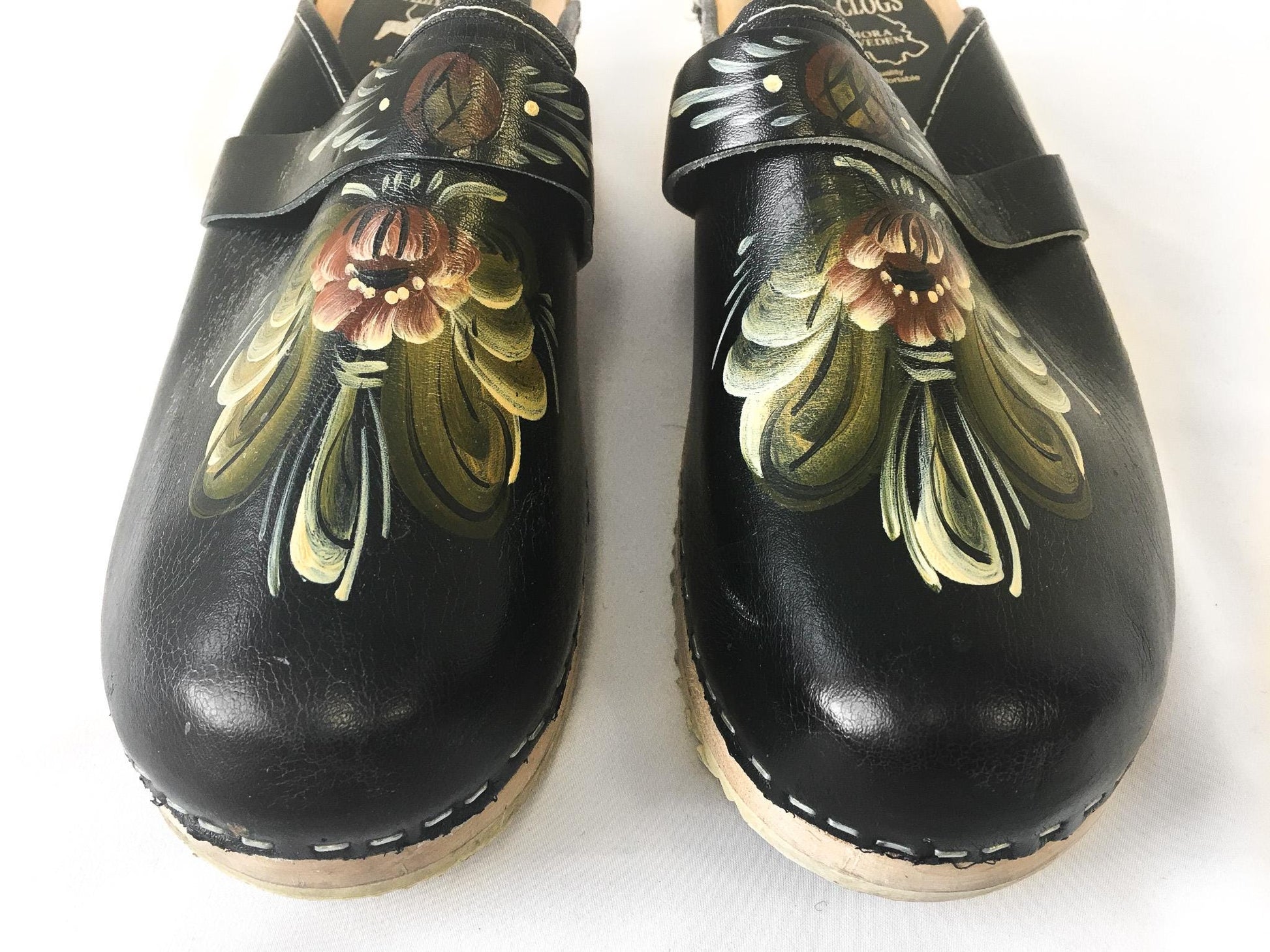 Vintage Dala-Clogs Black Floral Painted Leather Wooden Clogs, Sz. 42, Approx. US Women's Sz. 10