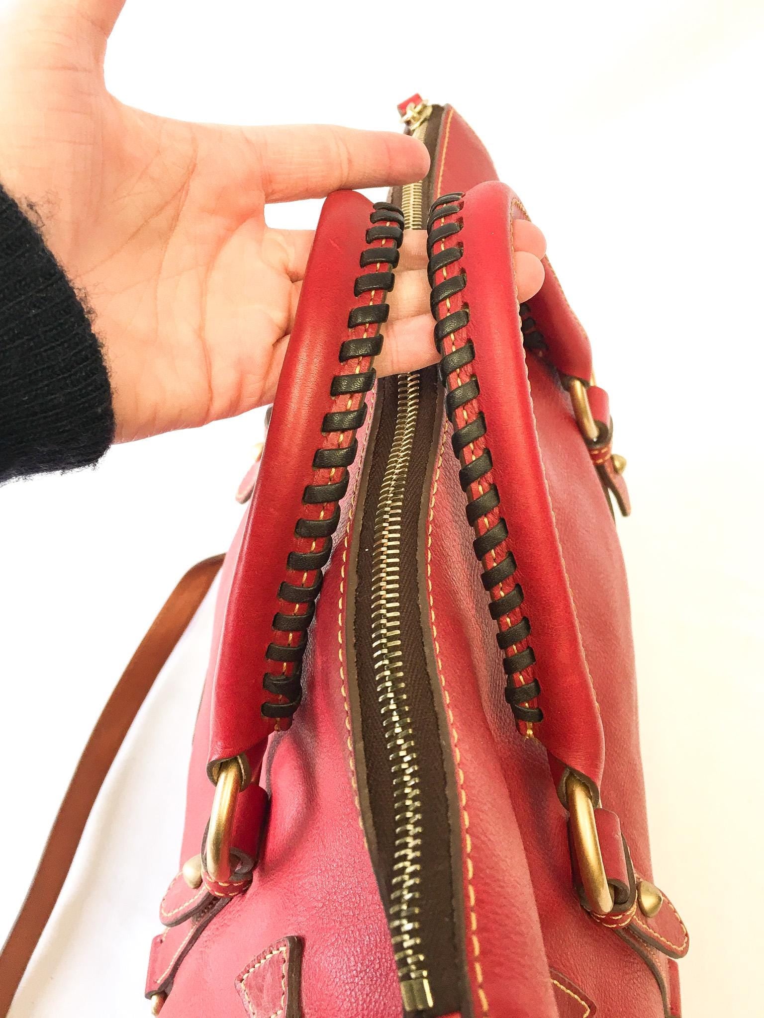 Vintage Dooney and Bourke Florentine Red Leather Satchel with Crossbody Strap, Vintage Dooney Handbag