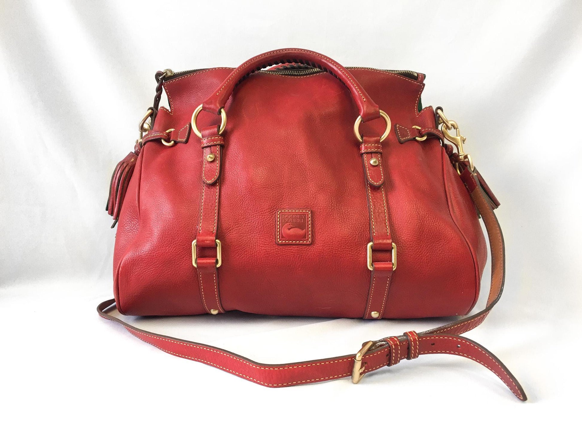 Vintage Dooney and Bourke Florentine Red Leather Satchel with Crossbody Strap, Vintage Dooney Handbag