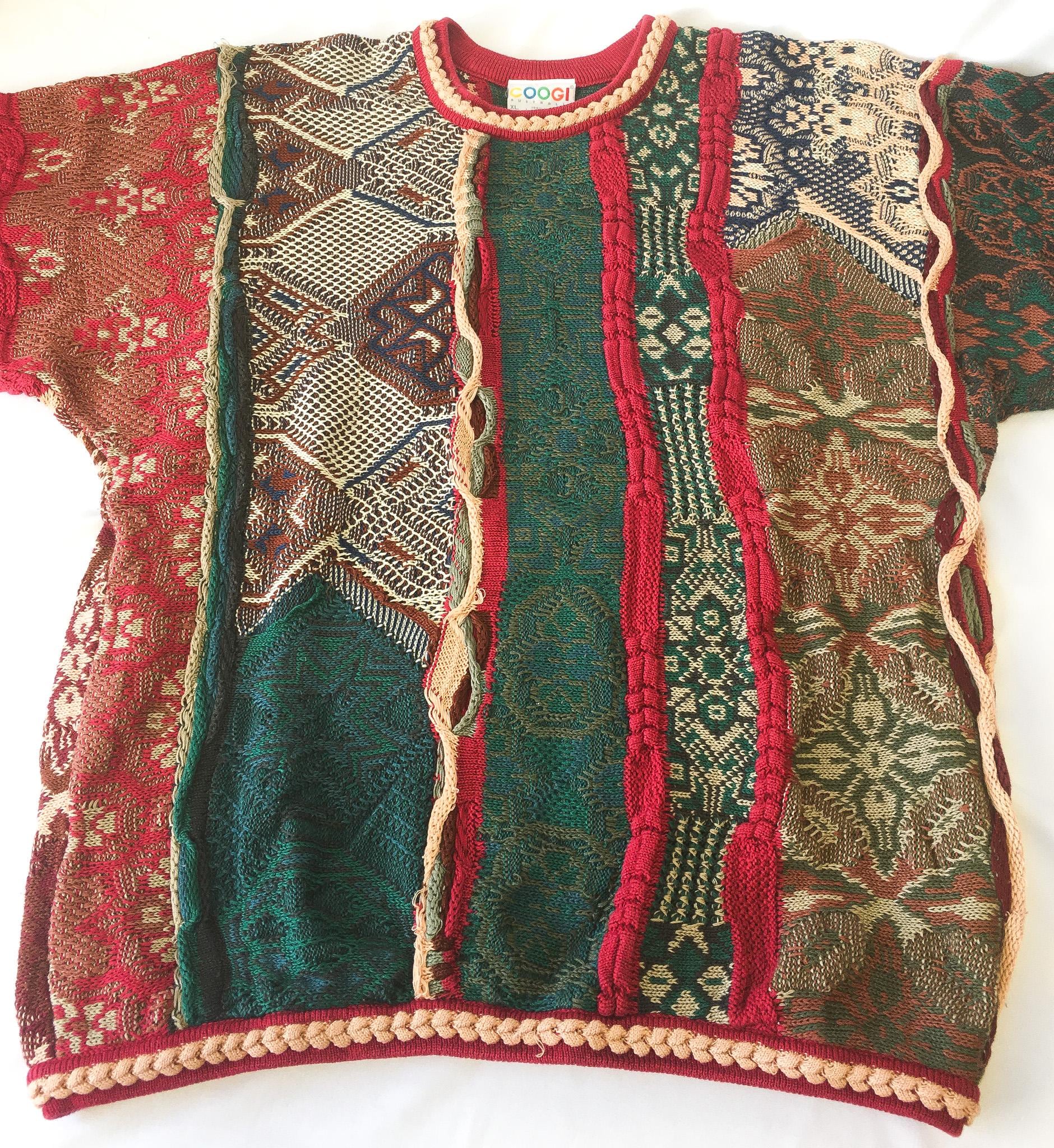 Authentic 90s COOGI 3D Red/Beige/Green Abstract Print Sweater, Men's Sz. XL