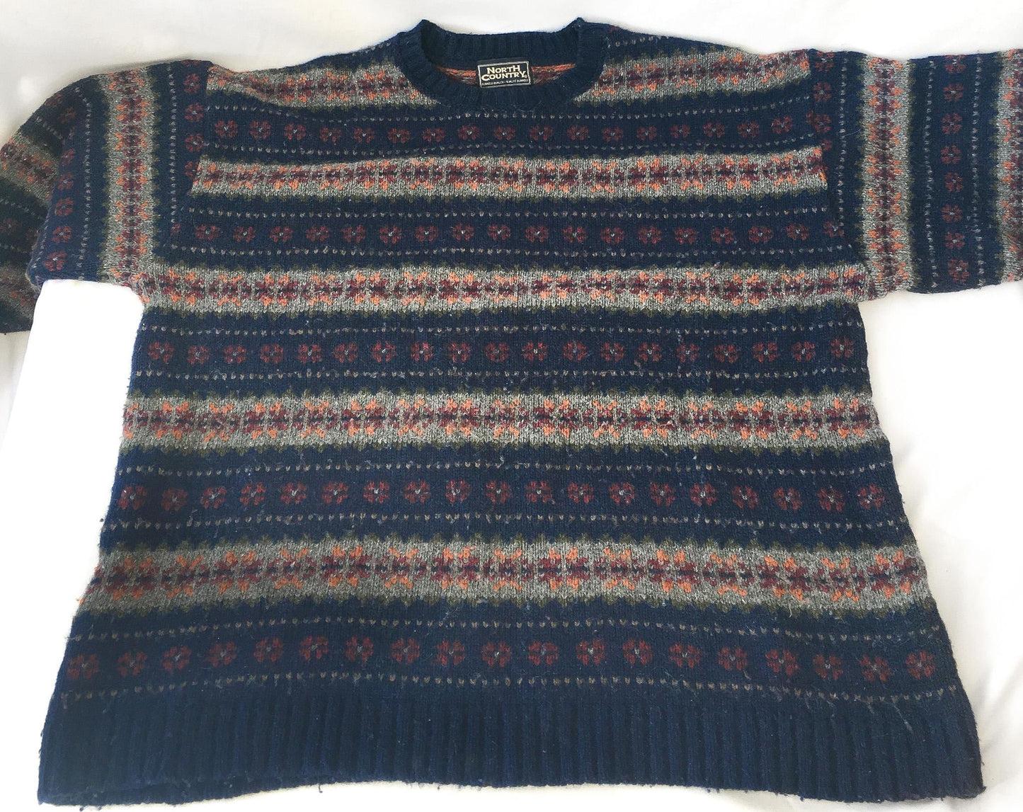 Vintage North Country Navy Striped Fair Isle Wool Mohair Blend Sweater, Men's Sz. 46/XL, Vintage Nordic Sweater