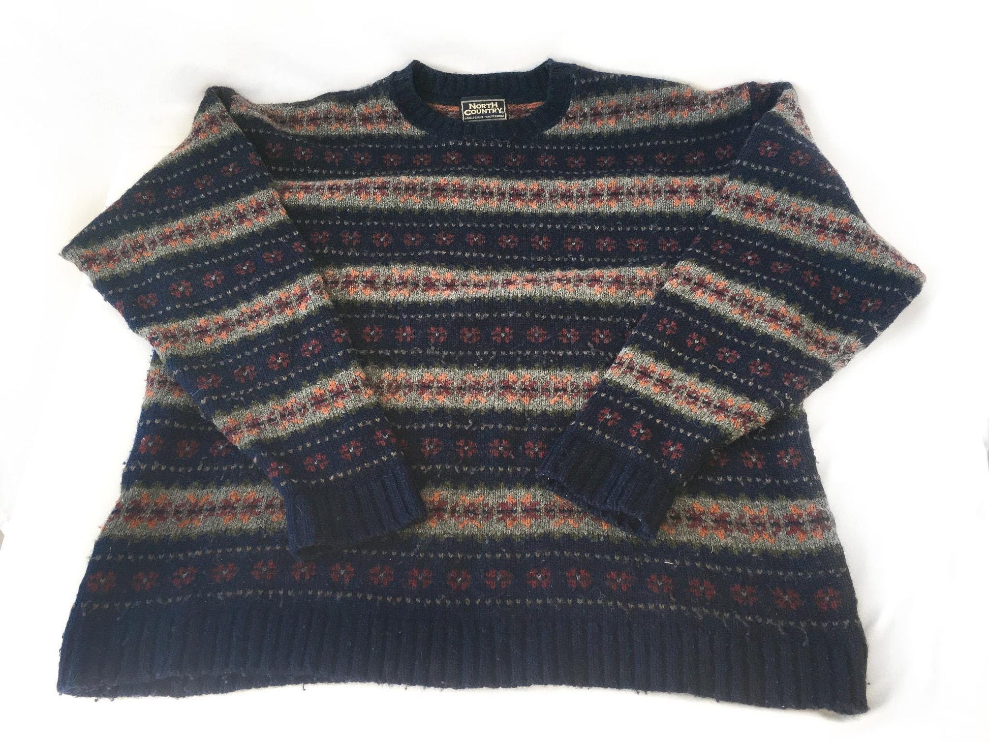 Vintage North Country Navy Striped Fair Isle Wool Mohair Blend Sweater, Men's Sz. 46/XL, Vintage Nordic Sweater