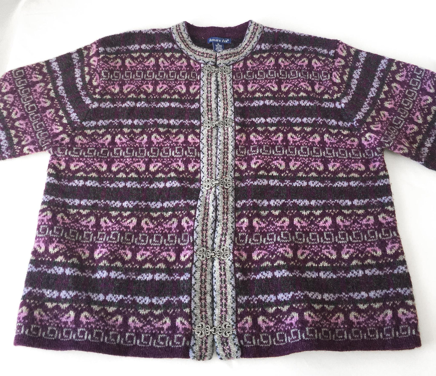 Vintage Eagle's Eye Purple Abstract Striped Wool Clasp Enclosure Cardigan Sweater, Women's Sz. XL