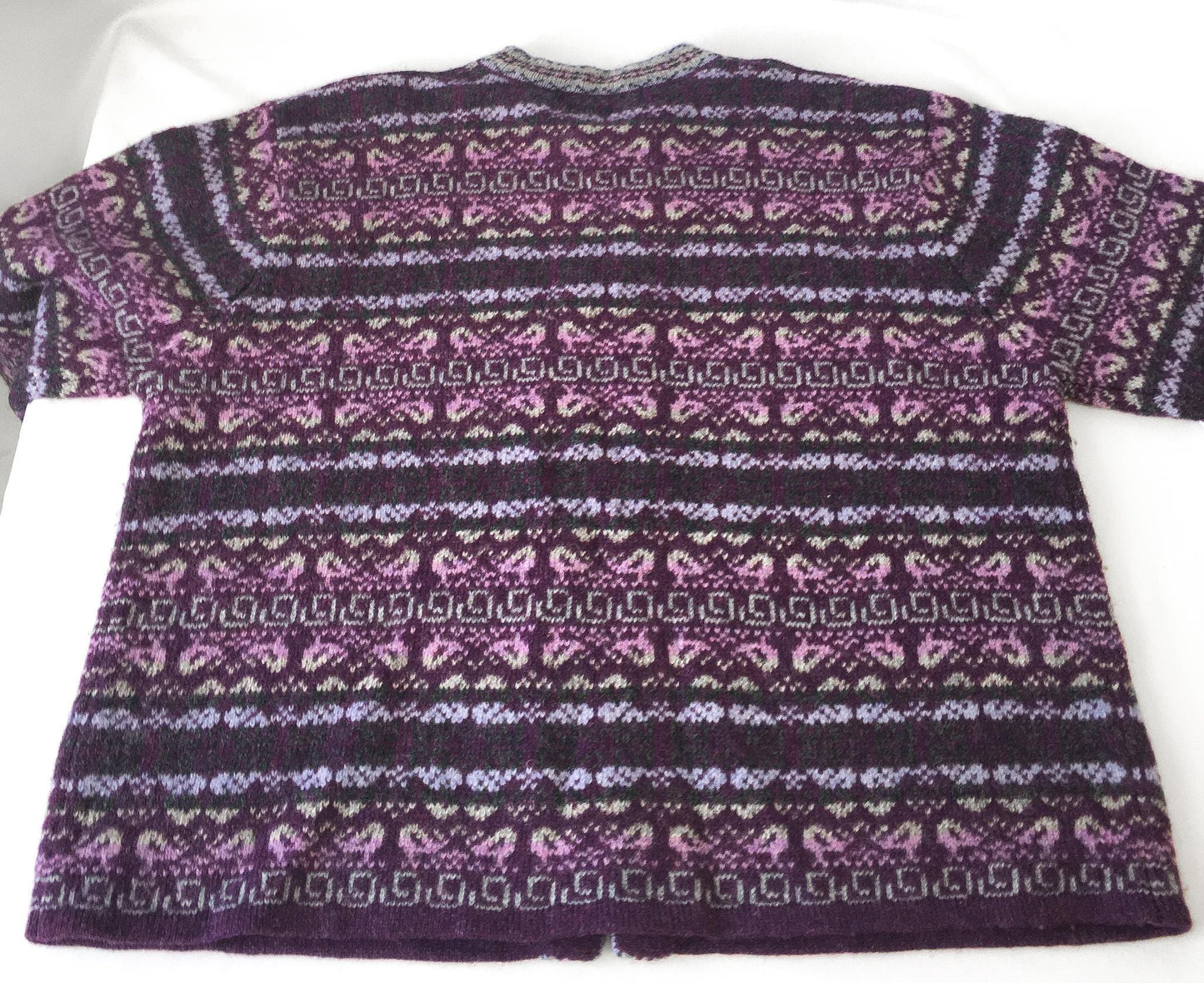 Vintage Eagle's Eye Purple Abstract Striped Wool Clasp Enclosure Cardigan Sweater, Women's Sz. XL